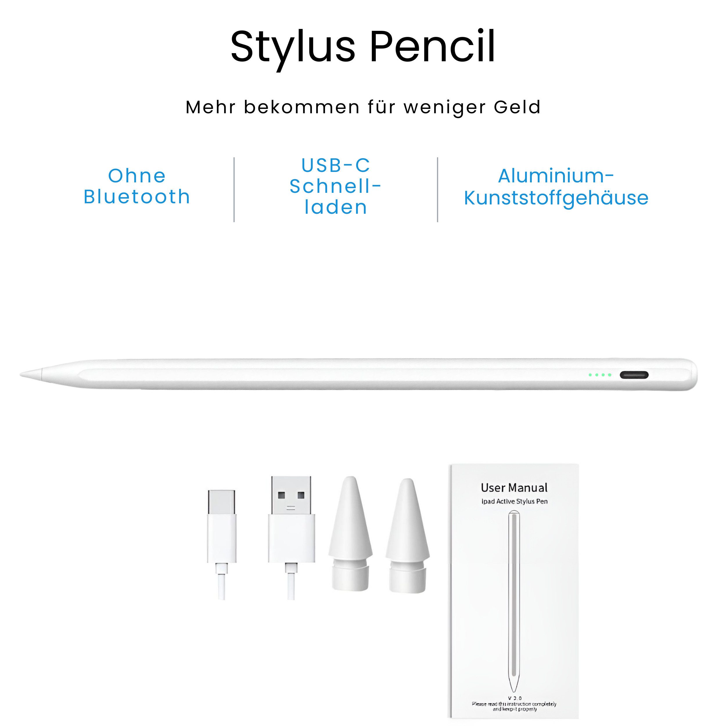 S&T Design Eingabestift Stift für iPad USB-C (2018-2026) Schnellladen für Apple iPads (2018-2026), 1-St., mit 4x iPad Stift Spitzen + Silikon Halterung) Tabletstift Stylus Pencil 2. Gen Pen USB-C Schnellladen Palm Rejection