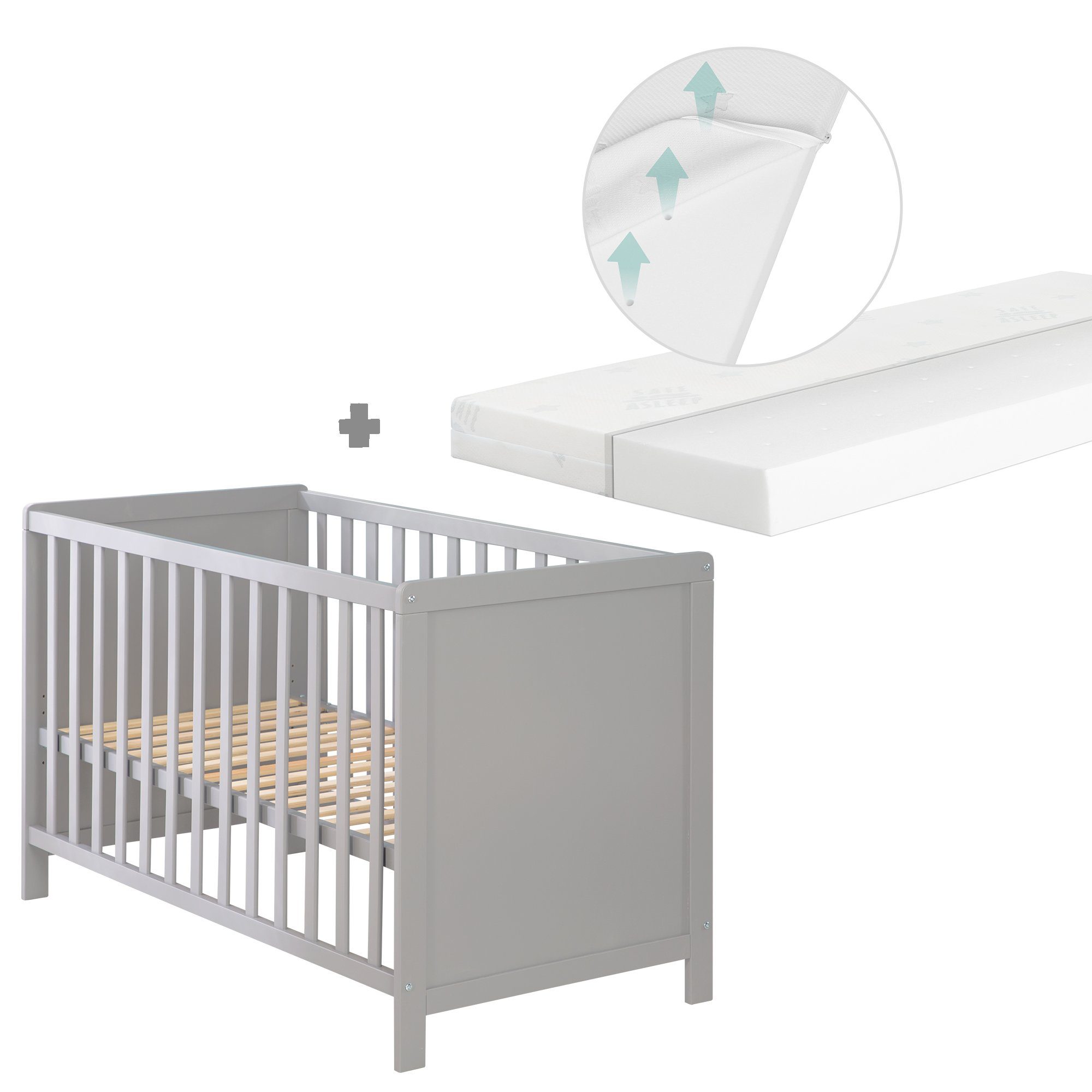 roba® Beistellbett taupe oder weiß, Gitterbett inkl. Matratze und Lattenrost, 6 fach höhenverstellbar