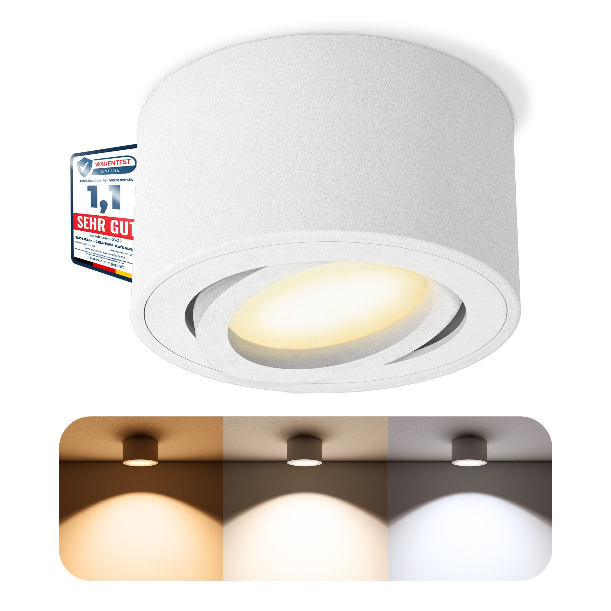 SSC-LUXon LED Aufbaustrahler CELI-1WM LED Aufbauspot weiß 6W dimmbar warm neutral kalt Spot, Neutralweiß, Warmweiß, Tageslichtweiß
