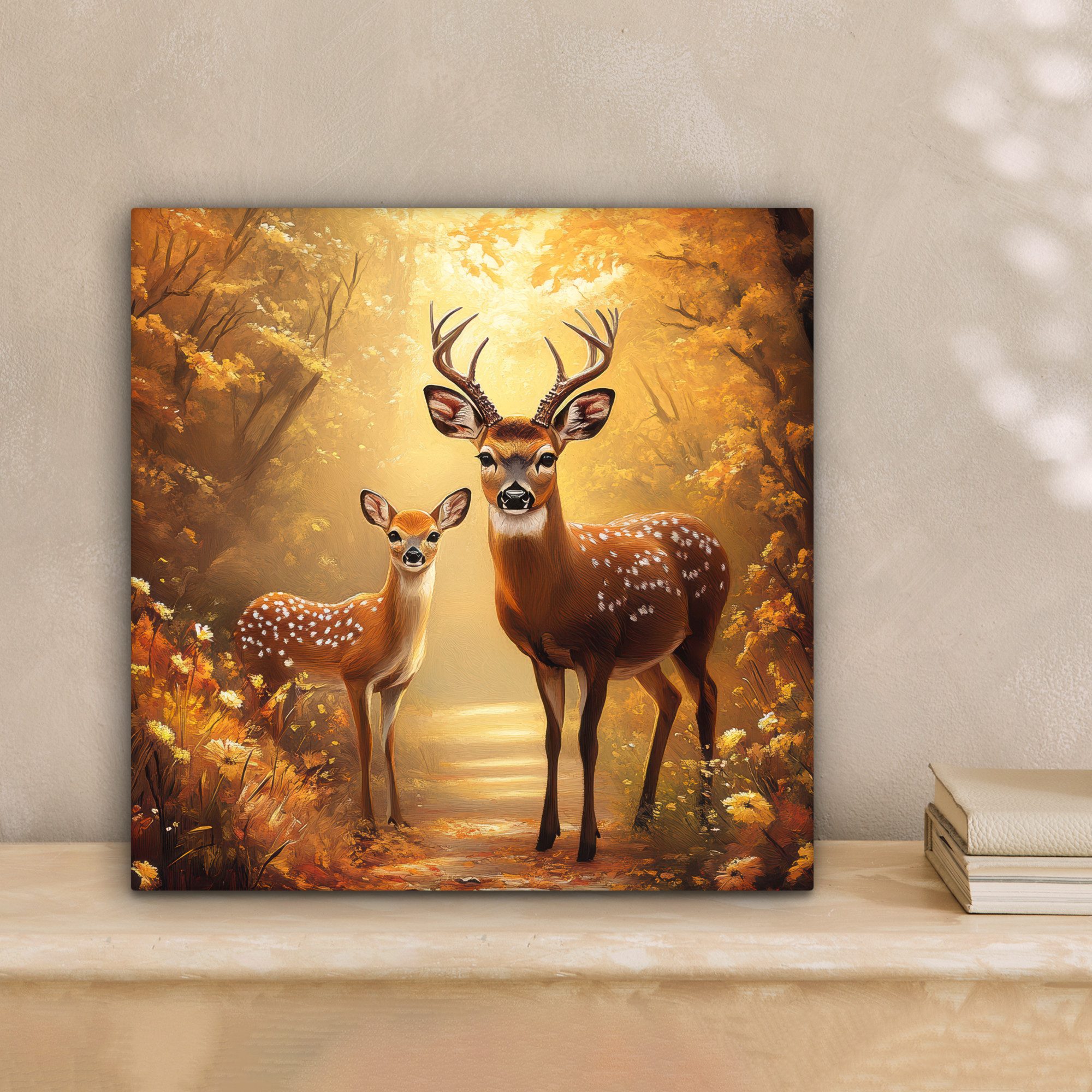 OneMillionCanvasses® Leinwandbild Herbst - Wald - Hirsche - Tiere - Natur - Braun, Fotodruck (1 St), Wandbild, Deko Schlafzimmer Wohnzimmer Flur 20x20 cm – Bild 2 von 5