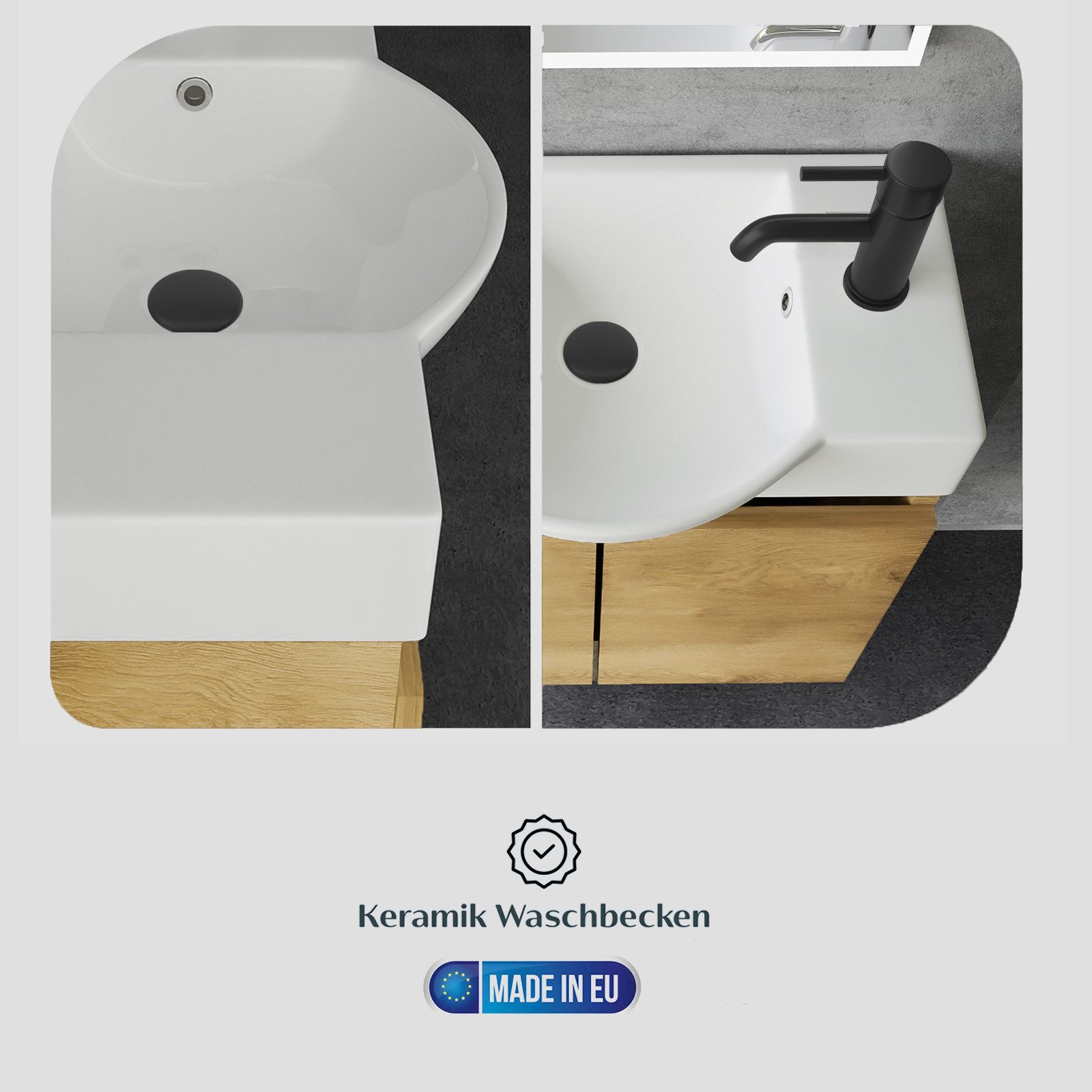 Alpenberger Badmöbel-Set Gäste WC Waschbecken mit Unterschrank klein hängend 55 cm Breit, (Waschtisch mit Unterschrank hängend, Gäste WC Möbel in Eiche Natur),  – Bild 5 von 5