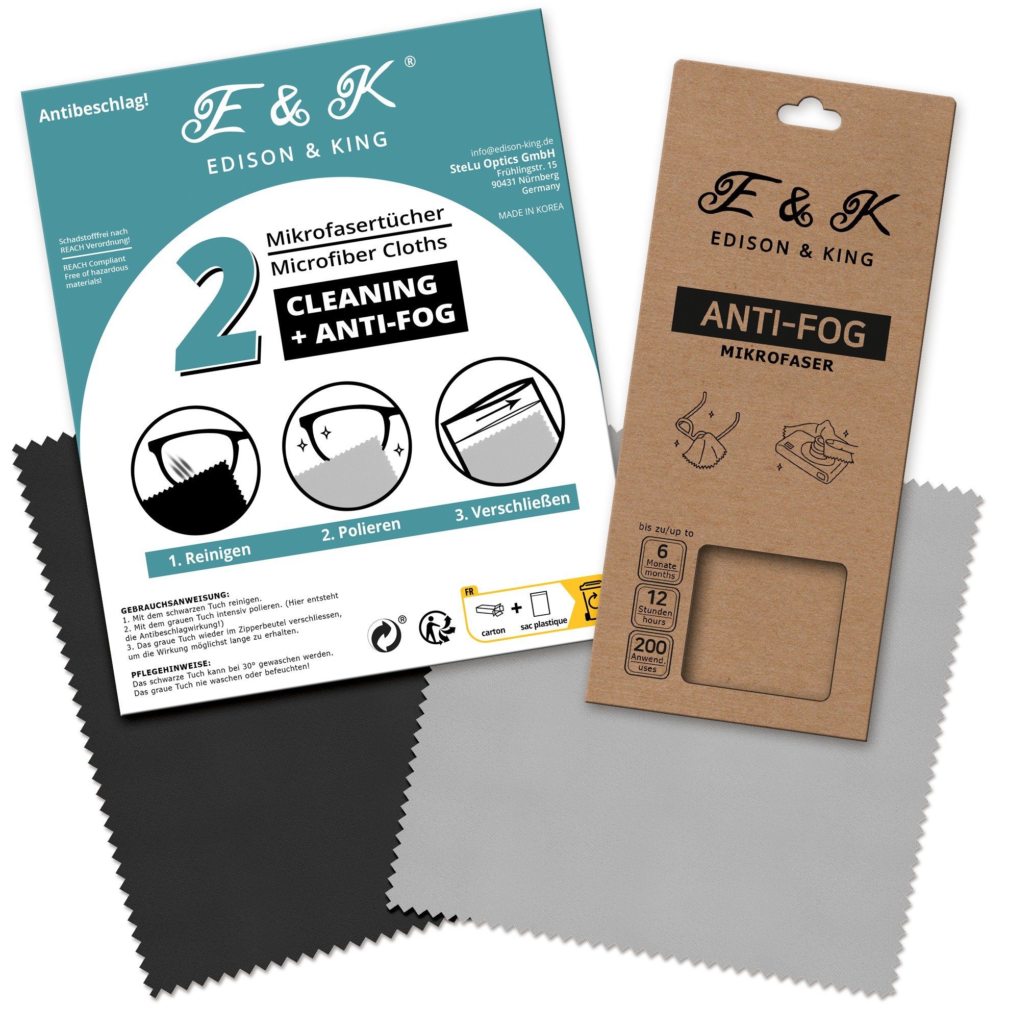 Edison & King Brillenputztücher Set für und Anti-Fog) Antibeschlag-Set, Antibeschlag (Microfaser, und Reinigen Mikrofasertuch Reinigungs