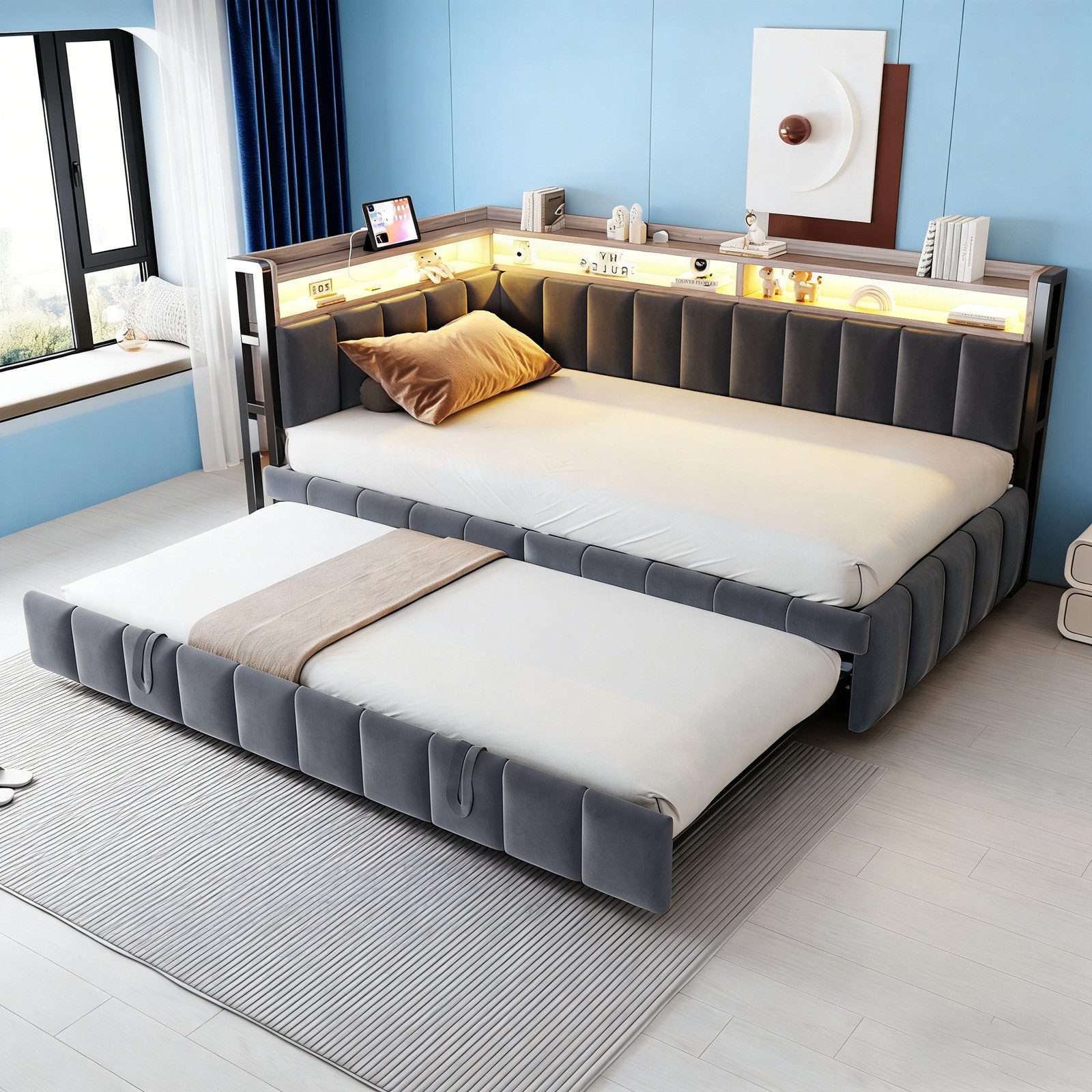 OKWISH Schlafsofa Polsterbett Funktionsbett, Ausziehbett mit LED-Beleuchtun günstig online kaufen