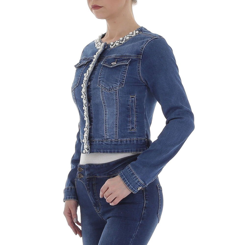 Ital-Design Jeansjacke Damen Freizeit Perlen Stretch Jeansjacke in Blau