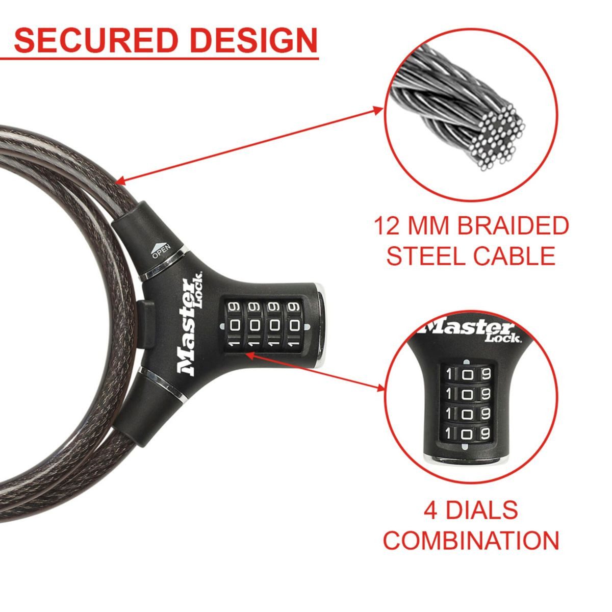 Master Lock Zahlenkabelschloss Kabelschloss 12mm ergonomisches Design 8229EURDPRO