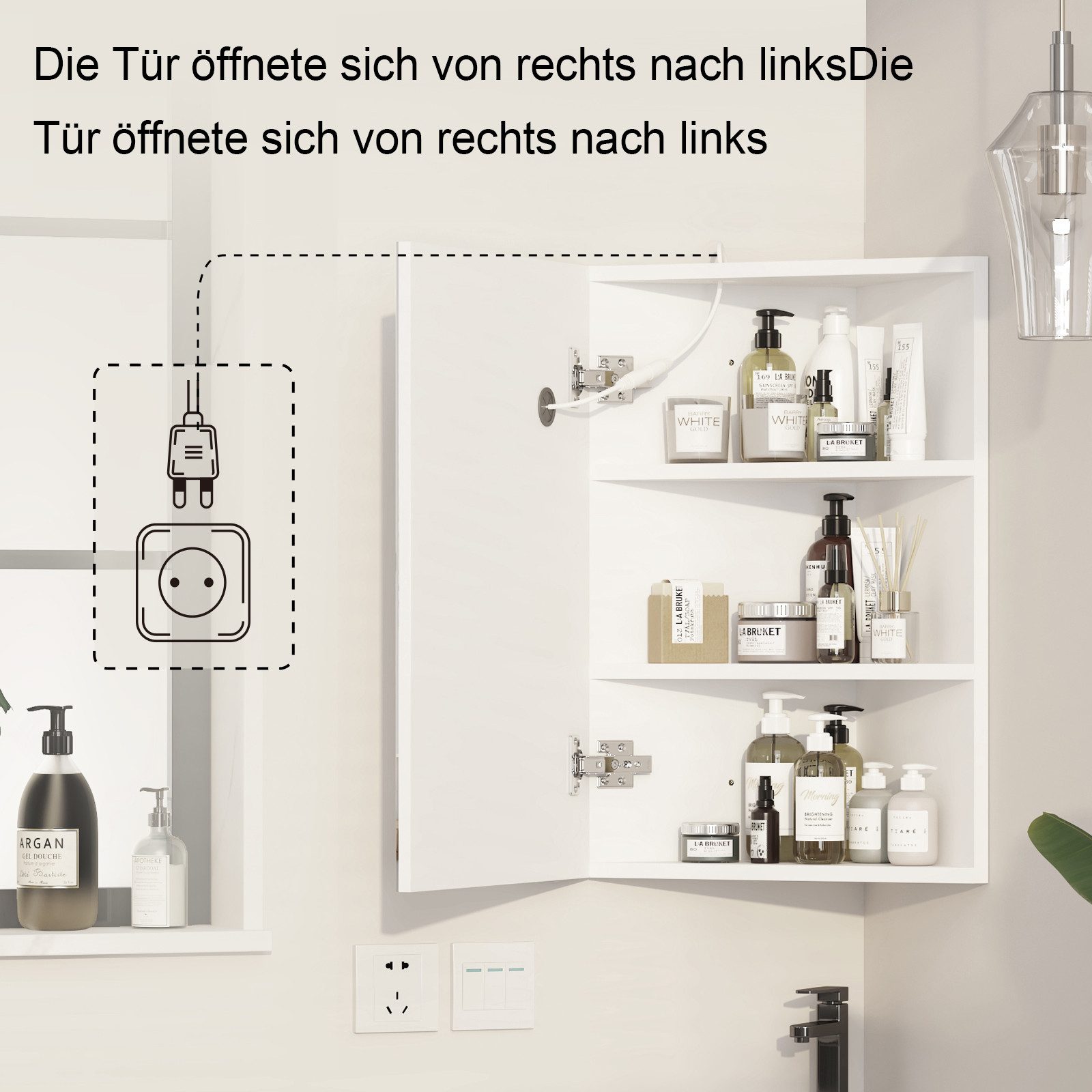 radelldar Eckschrank mit LED-Beleuchtung & HD-Spiegel – 3 Stauraumfächer (1-St) Badezimmerspiegelschrank rechteckig 42x60 cm