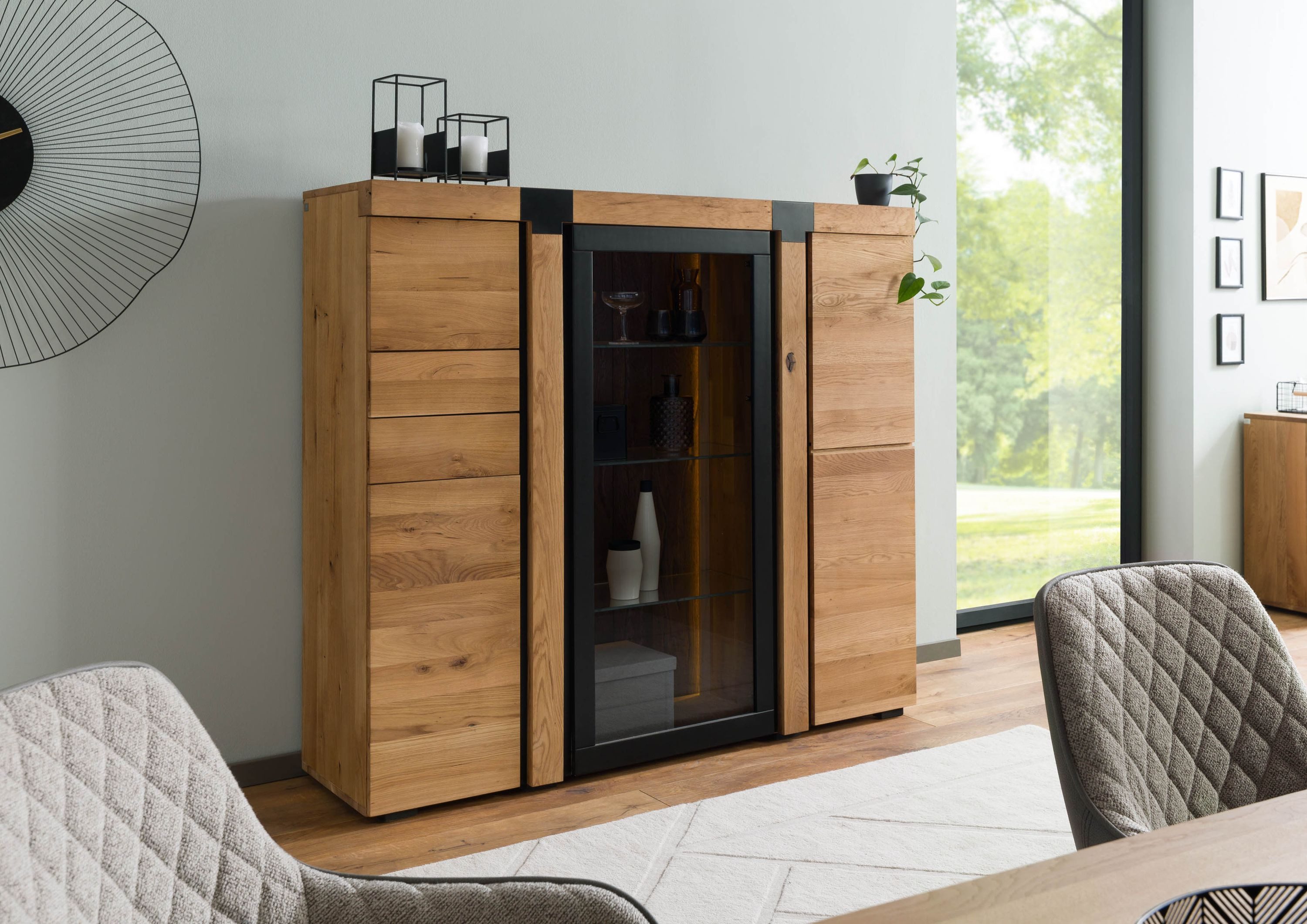 Massivmoebel24 Highboard ROTTERDAM (Massivholz), Wildeiche 161x45x144 natur geölt ROTTERDAM #101