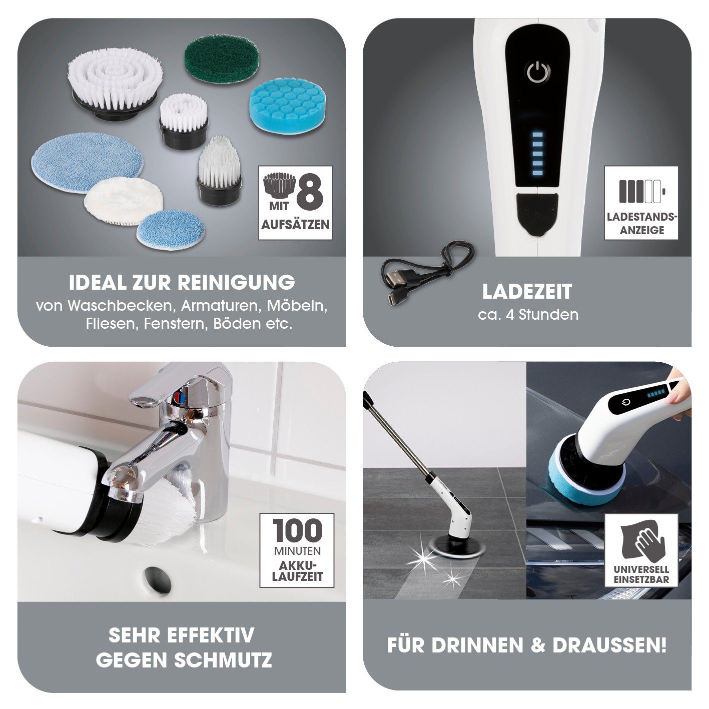 Clatronic Elektrische Reinigungsbürste ERB 3815 A - 8 Aufsätze, 90min Laufzeit