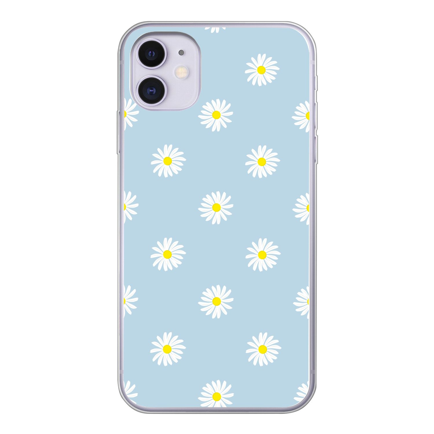 MuchoWow Handyhülle für Apple iPhone 11 Gänseblümchen - Pastell - Weiß - Blau - Blumen, Smartphone-Bumper, Print, Handy Schutzhülle Dünn