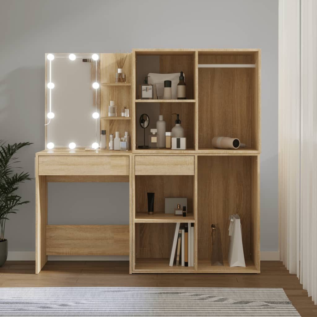 vidaXL Schminktisch LED-Schminktisch mit 2 Schränken Sonoma-Eiche Holzwerkstoff