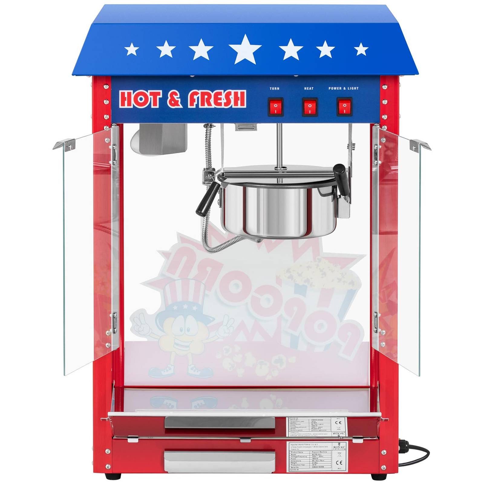 Royal Catering Popcornmaschine Popcornmaker 1500 W 5 kg/h rot Popcornautomat Teflon USA-Design – Bild 5 von 5
