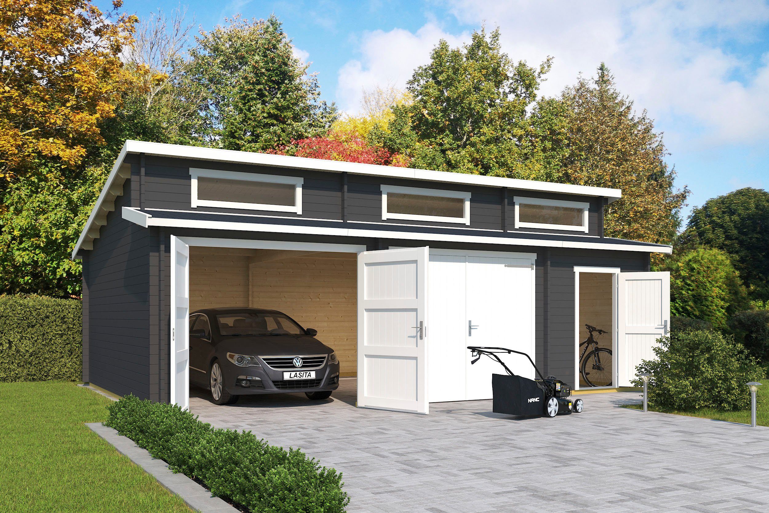 LASITA MAJA Garage Hawaii (Set, Für 2 Fahrzeuge geeignet), Garage + 2 Holztoren