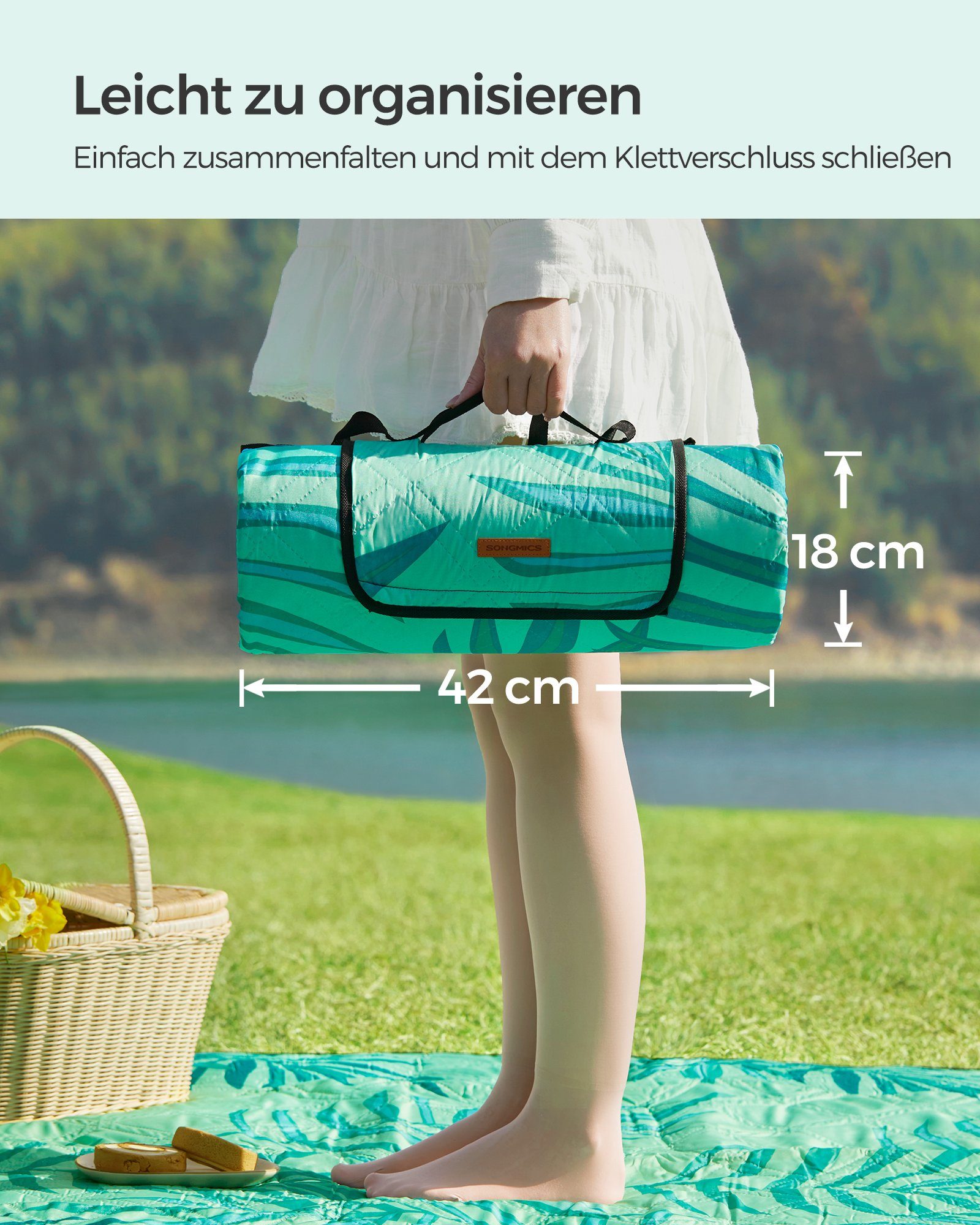 Picknickdecke 200 x 200 cm, groß, Campingdecke, für Park, Garten, Strand, SONGMICS, wasserdicht, maschinenwaschbar, faltbar, grün mit tropischem Farn