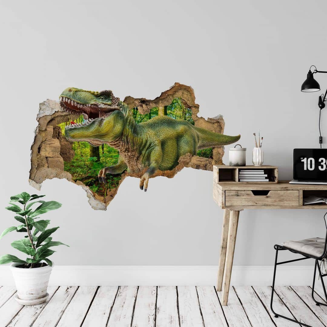 K&L Wall Art Wandtattoo 3D Wandtattoo Kinderzimmer Dinosaurier T-Rex Dino Steinzeit Wald, Mauerdurchbruch Wandbild selbstklebend