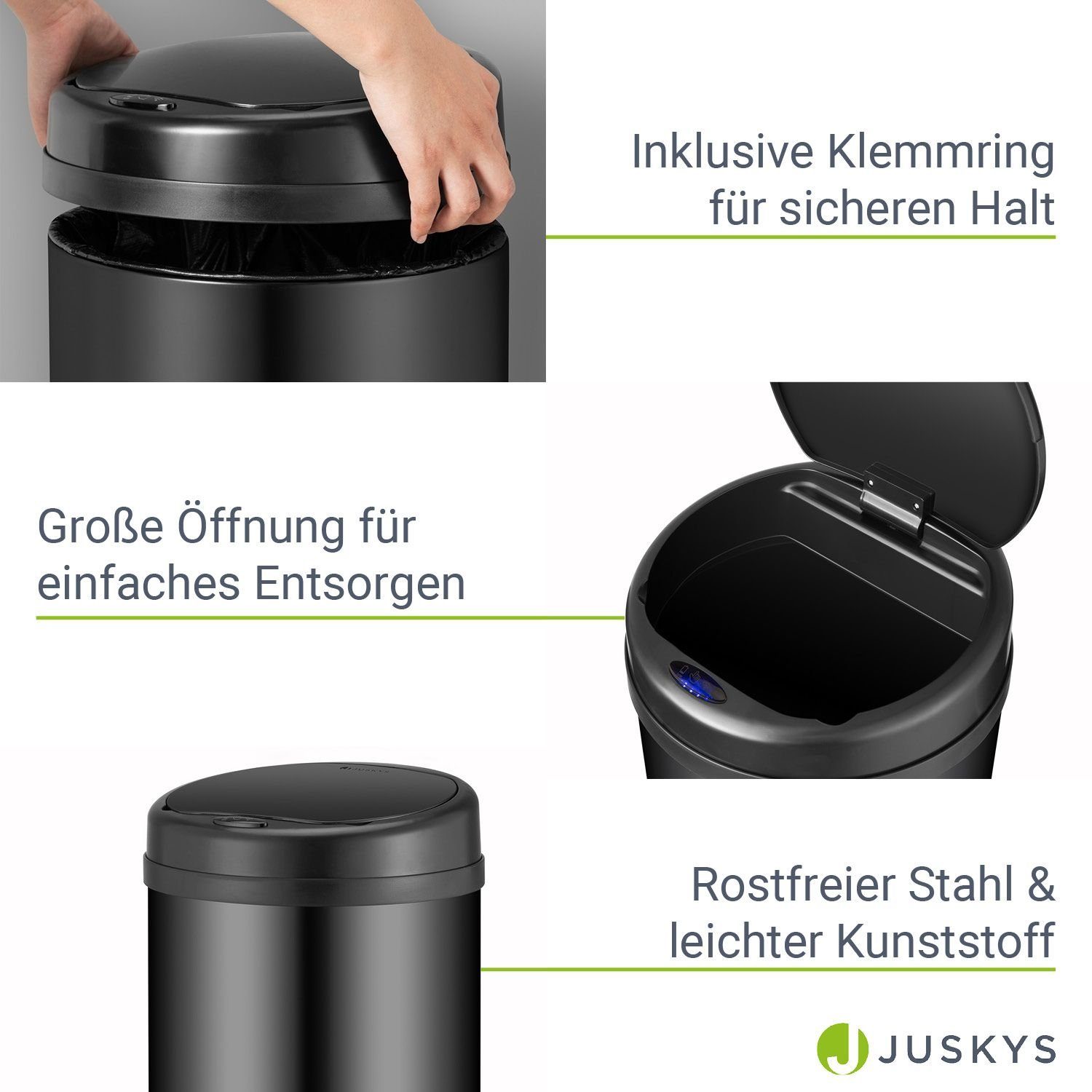 Juskys Mülleimer, 40 L Volumen, Schließen, mit Schwarz Sensor, / rostfrei geräuscharmes Öffnen