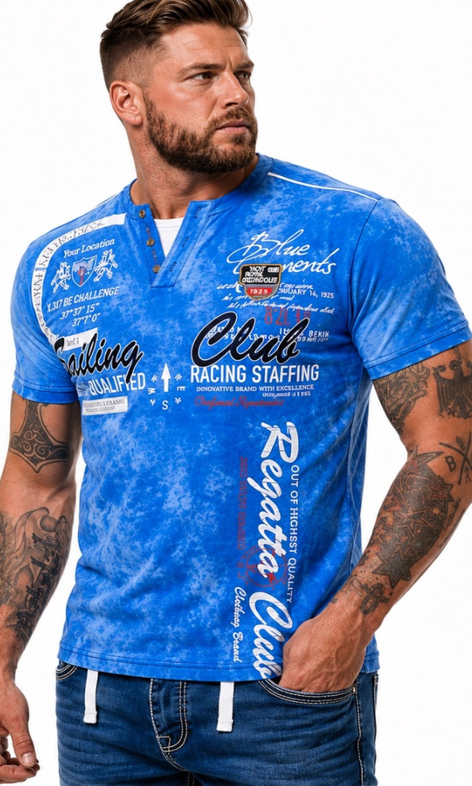 L.gonline Kurzarmshirt Herren T-Shirt, Sommershirt, Batik Optik, 2879 Royal Blau S (Shirt Kurzarmshirt Tee, 1-tlg) Fitness Freizeit Casual