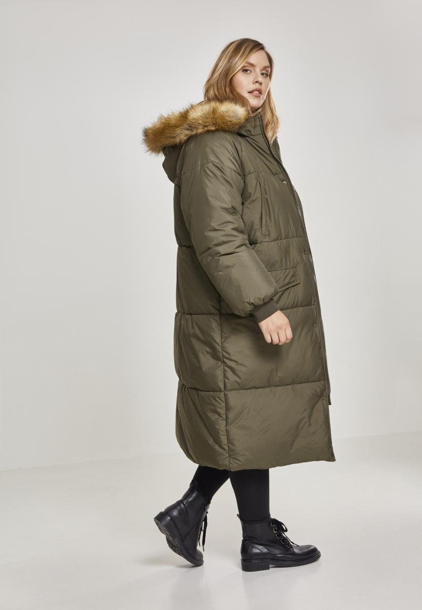 URBAN CLASSICS Faux Damen Oversize Fur Outdoorjacke Coat Puffer darkolive/beige (1-St) Ladies