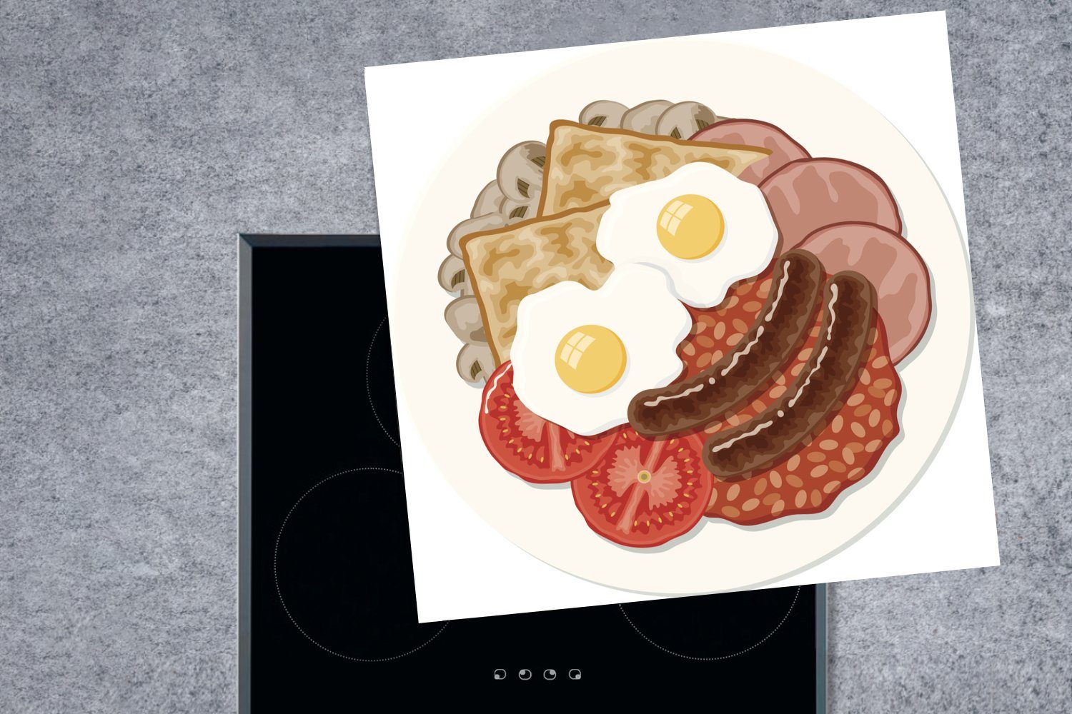 Illustration küche tlg), englischen cm, 78x78 Eine Herdblende-/Abdeckplatte Ceranfeldabdeckung, für Arbeitsplatte (1 eines MuchoWow Vinyl, Frühstücks, kompletten