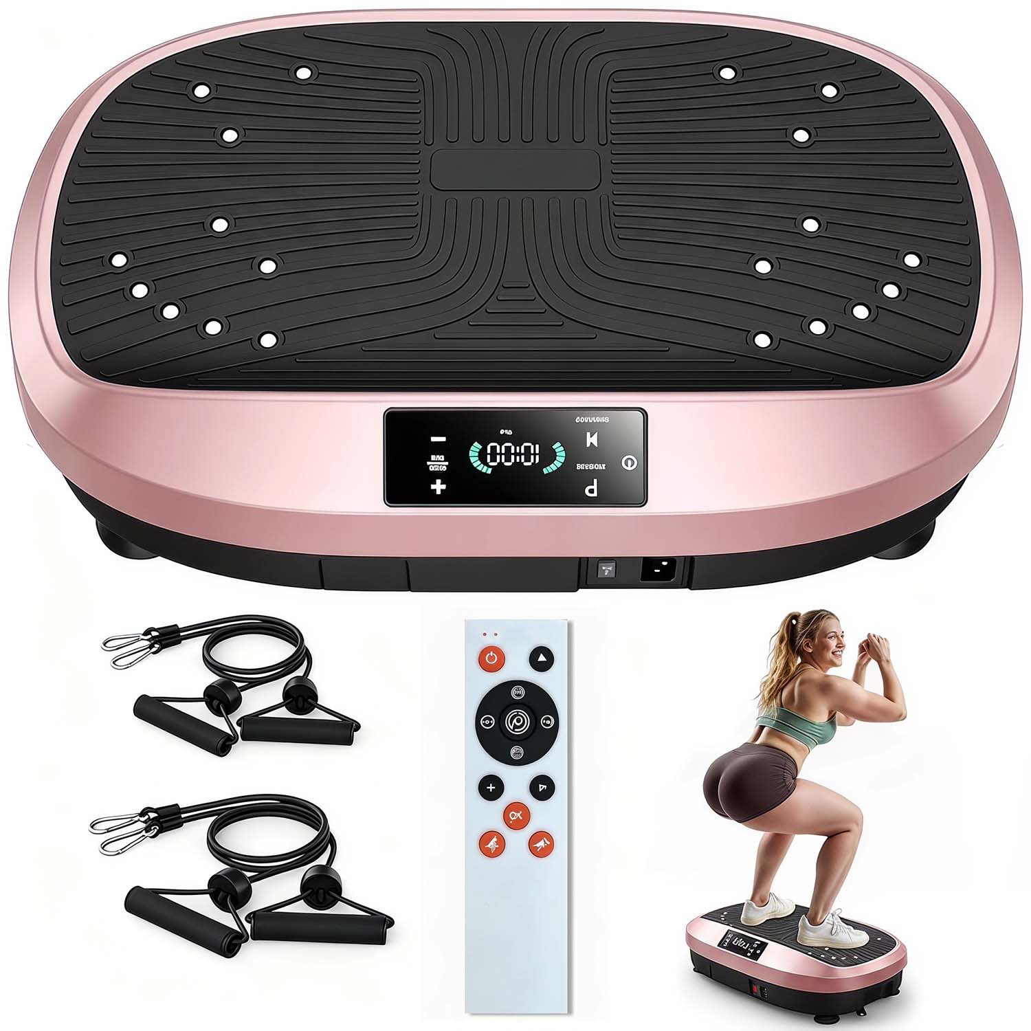 kehot Vibrationsplatte Vibrationsplatte Größe 57,5 x 42,5 x 17 cm, Bis 200KG, 200 W, 120 Intensitätsstufen, (mit Trainingsbandern, Ganzkörpertraining zu Hause), Ultra leisem Motor, Fernbedienung, Seitliche Transporträder