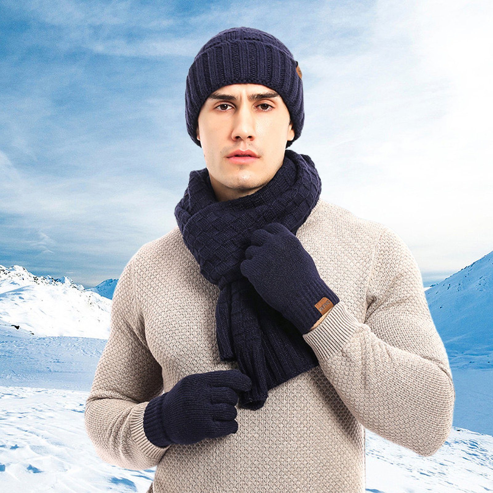 Khaki kältebeständiges, Handschuhe Mütze Set Rutaqian den Außenbereich) Warm Winter Schal für für (Dreiteiliges, und warmes Strickmütze Herren Fleece-Set und Damen