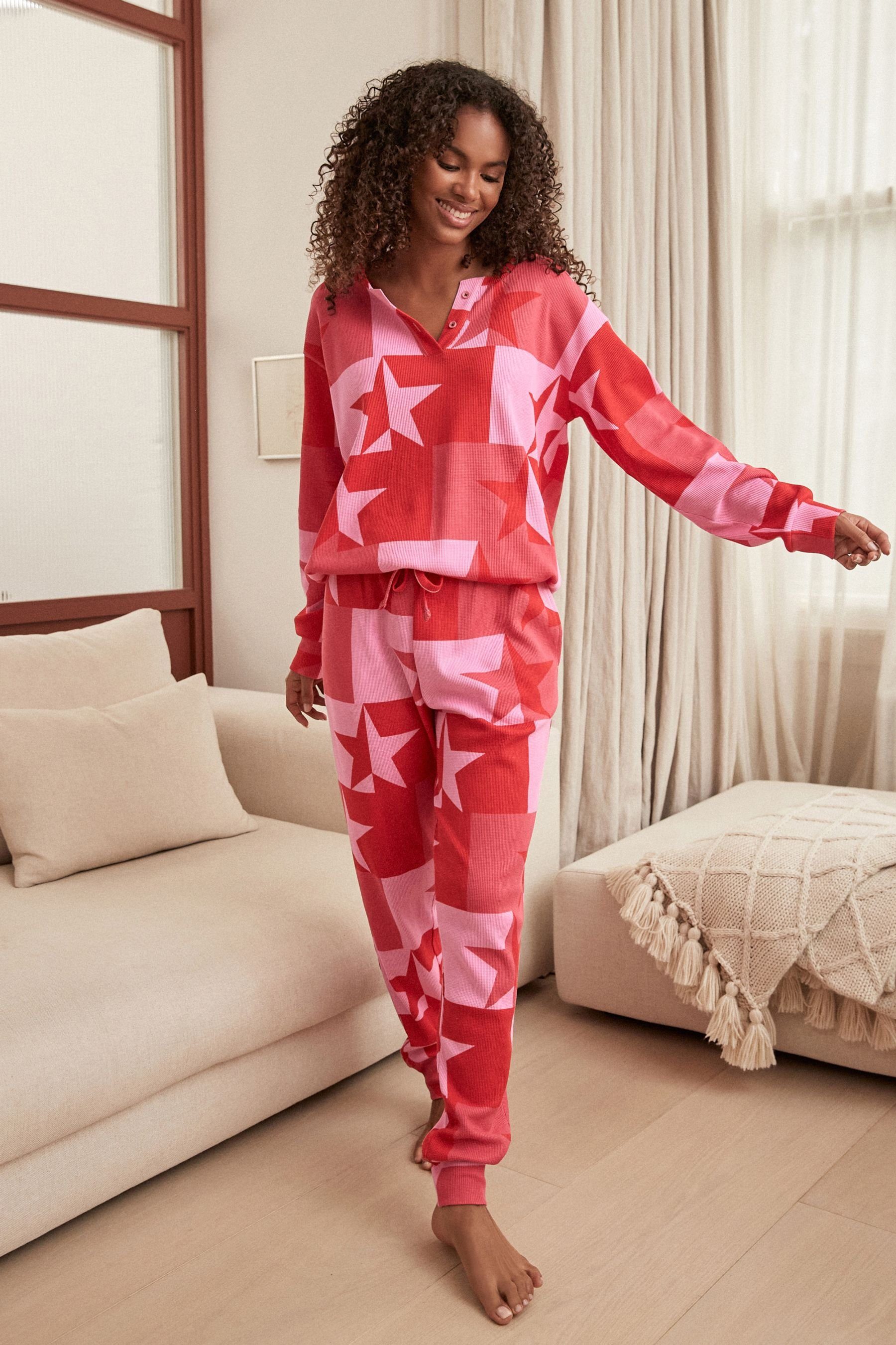 Pyjama gewaffelter Langärmeliger Red Pyjama Star (2 aus Baumwolle Next tlg)