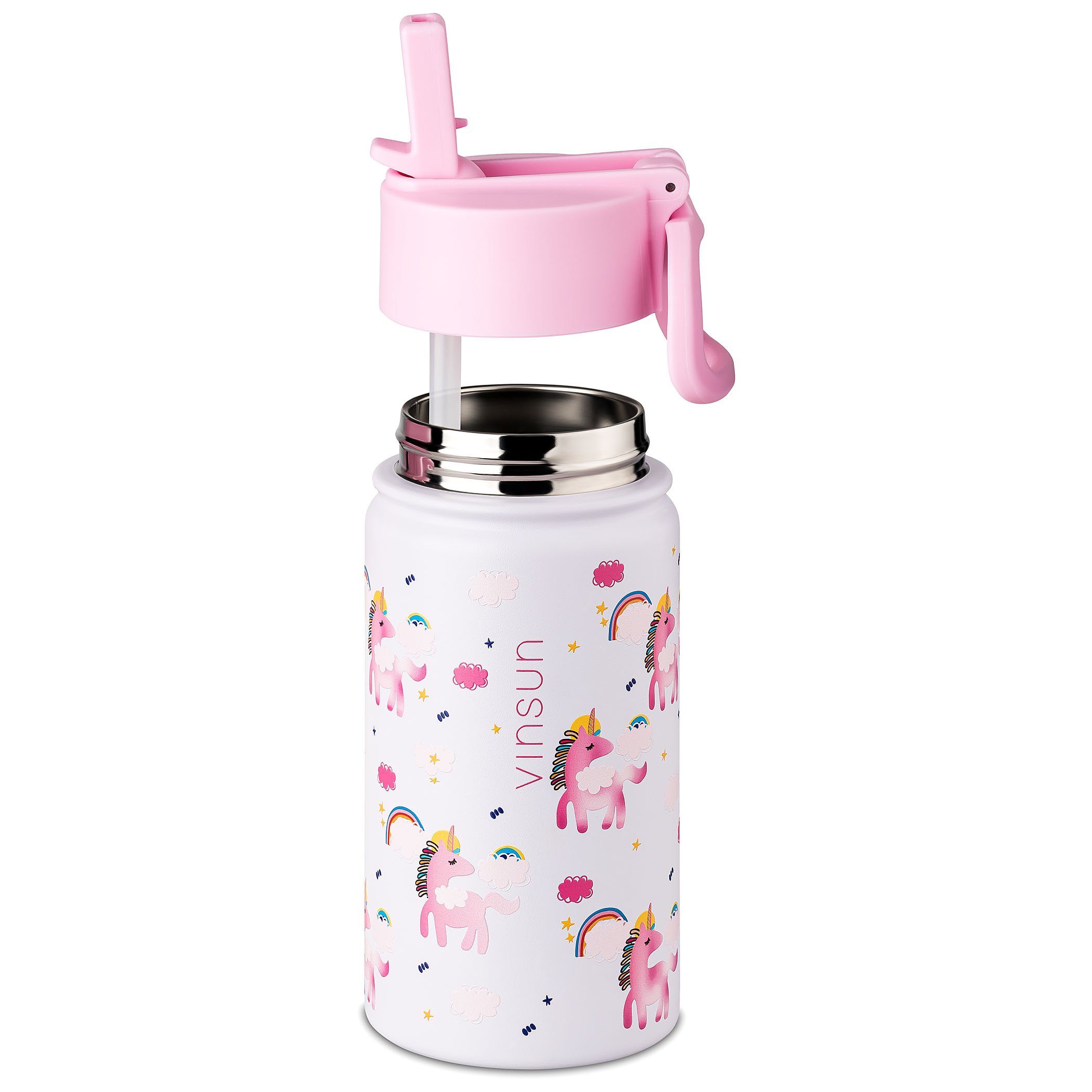 mit - Vinsun Trinkflasche Kinder - Geruchs- Strohhalm 350ml und auslaufsicher, BPA bruchsicher, Geschmacksneutral Trinkflasche Einhorn, rosa frei, Auslaufsicher