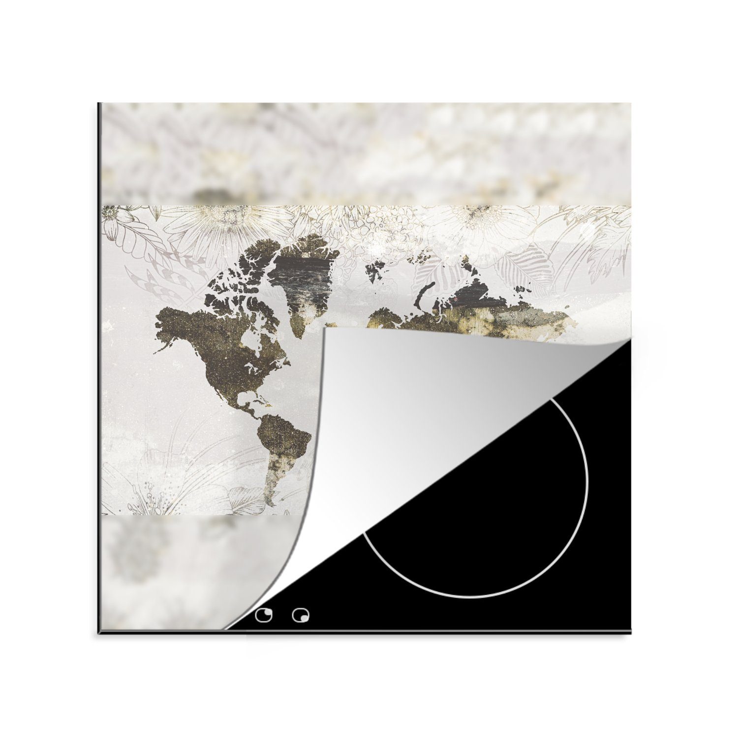 MuchoWow Herdblende-/Abdeckplatte Weltkarte - Flecken - Grau, Vinyl, (1 tlg), 78x78 cm, Ceranfeldabdeckung, Arbeitsplatte für küche