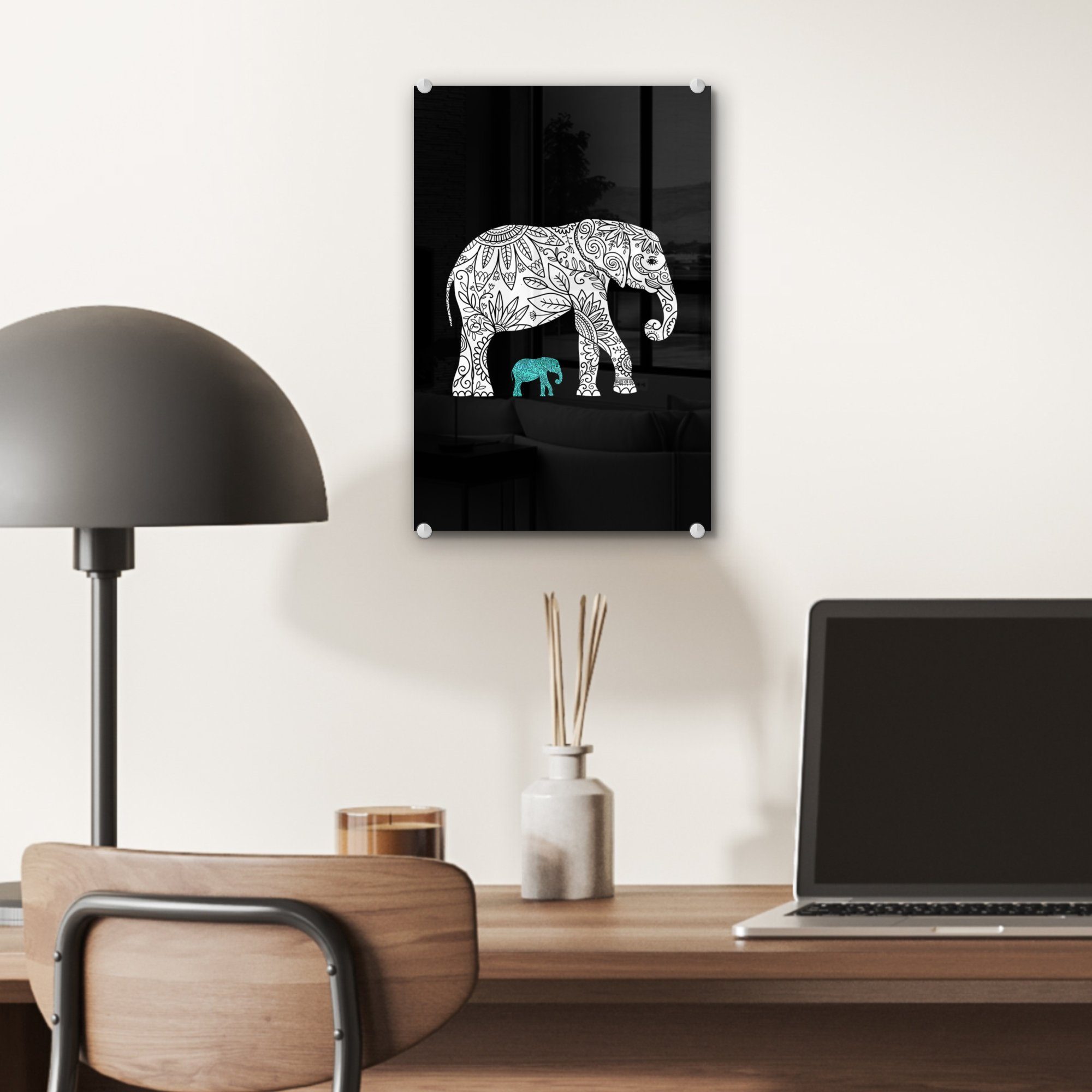 MuchoWow Acrylglasbild Elefant - Muster Glasbilder Glas Glas auf Wanddekoration - Foto Bilder - - Wandbild Schwarz, St), - (1 auf