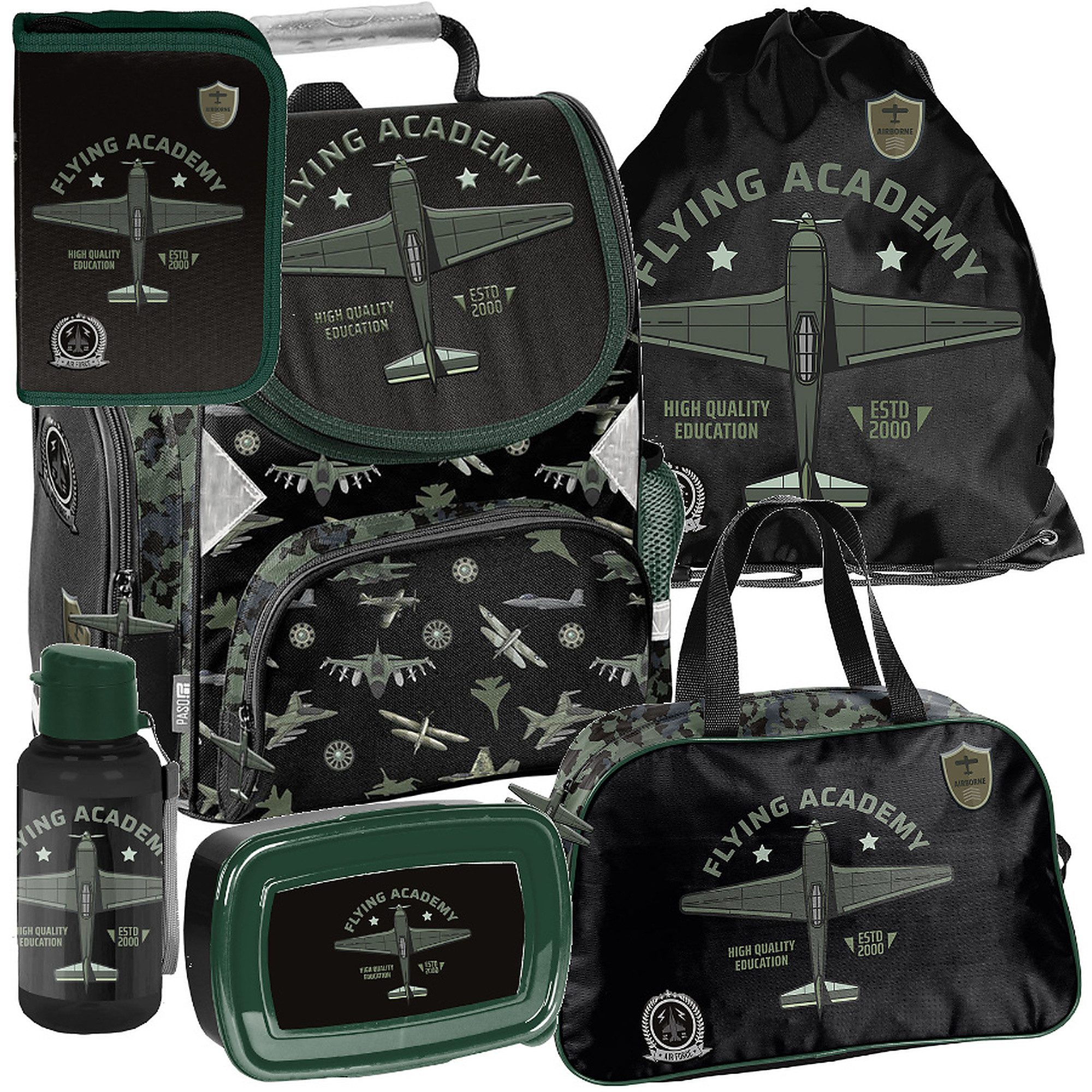 PASO Schulrucksack Mega-Set Flying Academy Schulset 6-tlg. (Schulranzen + Turnbeutel + Federmäppchen + Lunchbox + Trinkflasche + Sporttasche, 6-tlg)