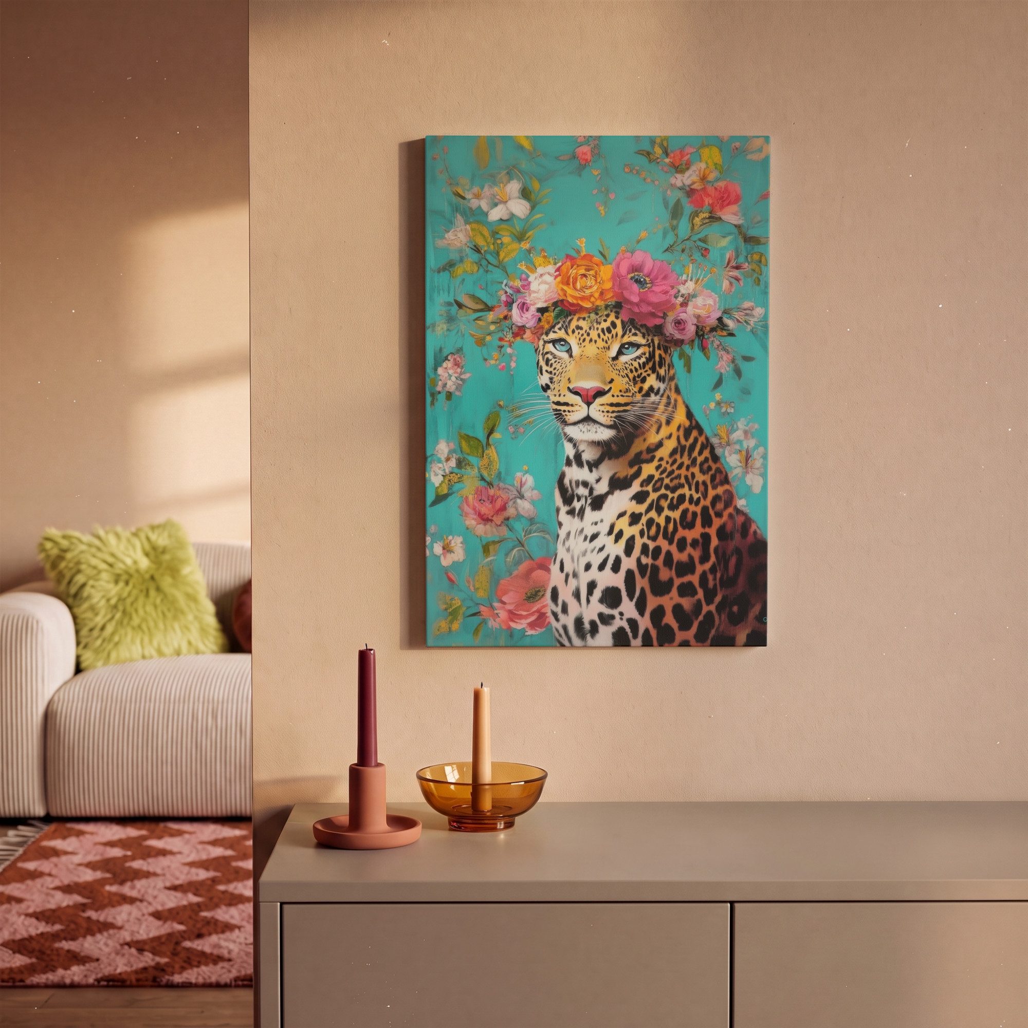 OneMillionCanvasses® Leinwandbild Leopard - Blumen - Krone, Fotodruck (1 St), Leinwand Canvas Wandbild, Wanddekoration 20x30 cm – Bild 2 von 5