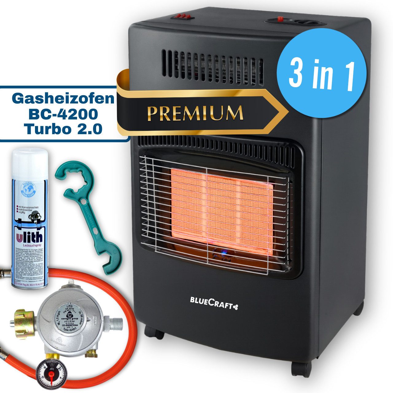 BlueCraft Heizstrahler 3-in-1 Gasheizer Infrarot Gasofen Campingheizung Keramik, 4200 W, Gasregler für den INNENBEREICH Gas-Heizung Elektroheizung