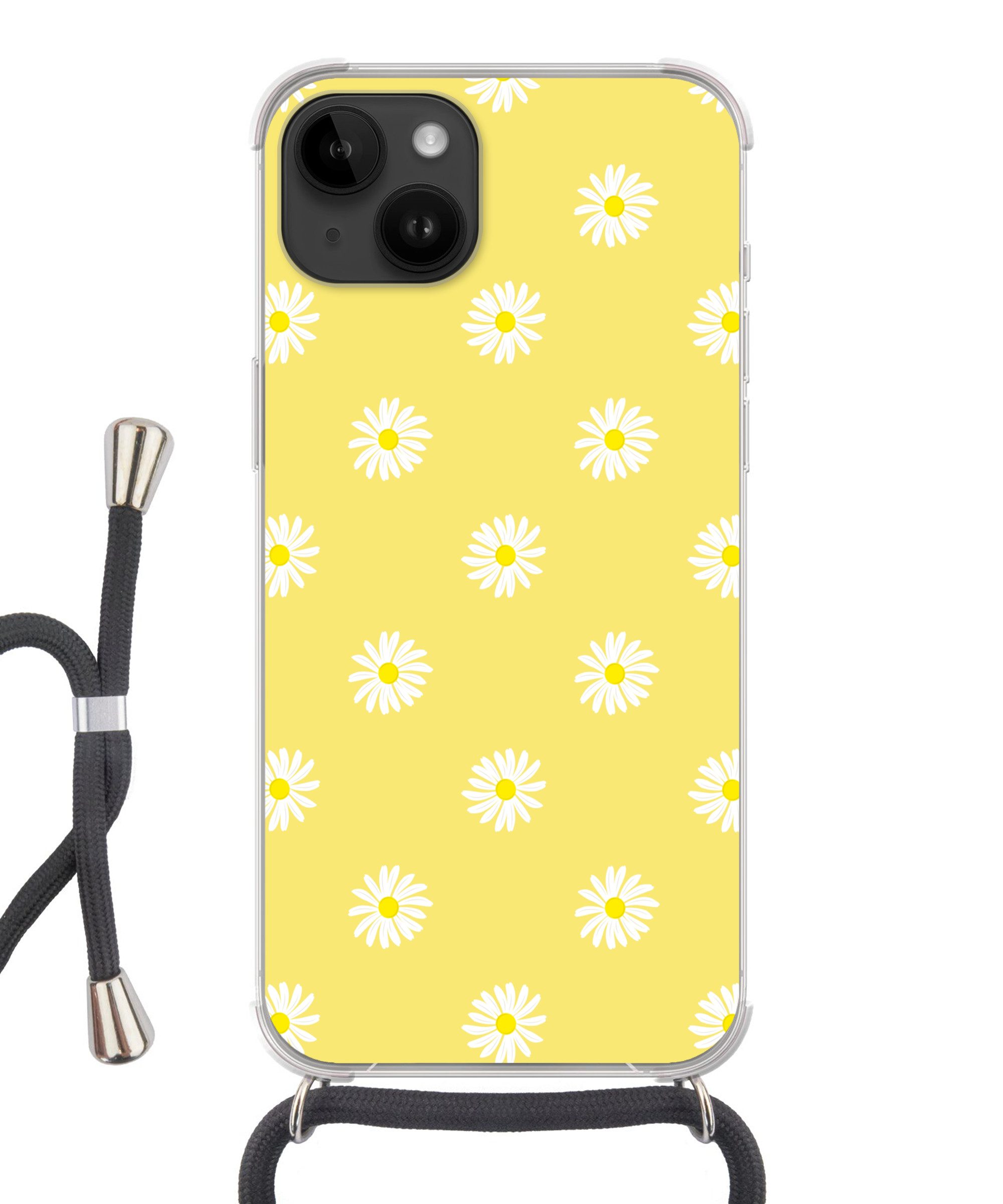 MuchoWow Handyhülle für Apple iPhone 14 Gänseblümchen - Pastell - Weiß - Gelb - Blumen, Tragbare Handyhüllen mit Kette zum umhängen, Handykette Handyband