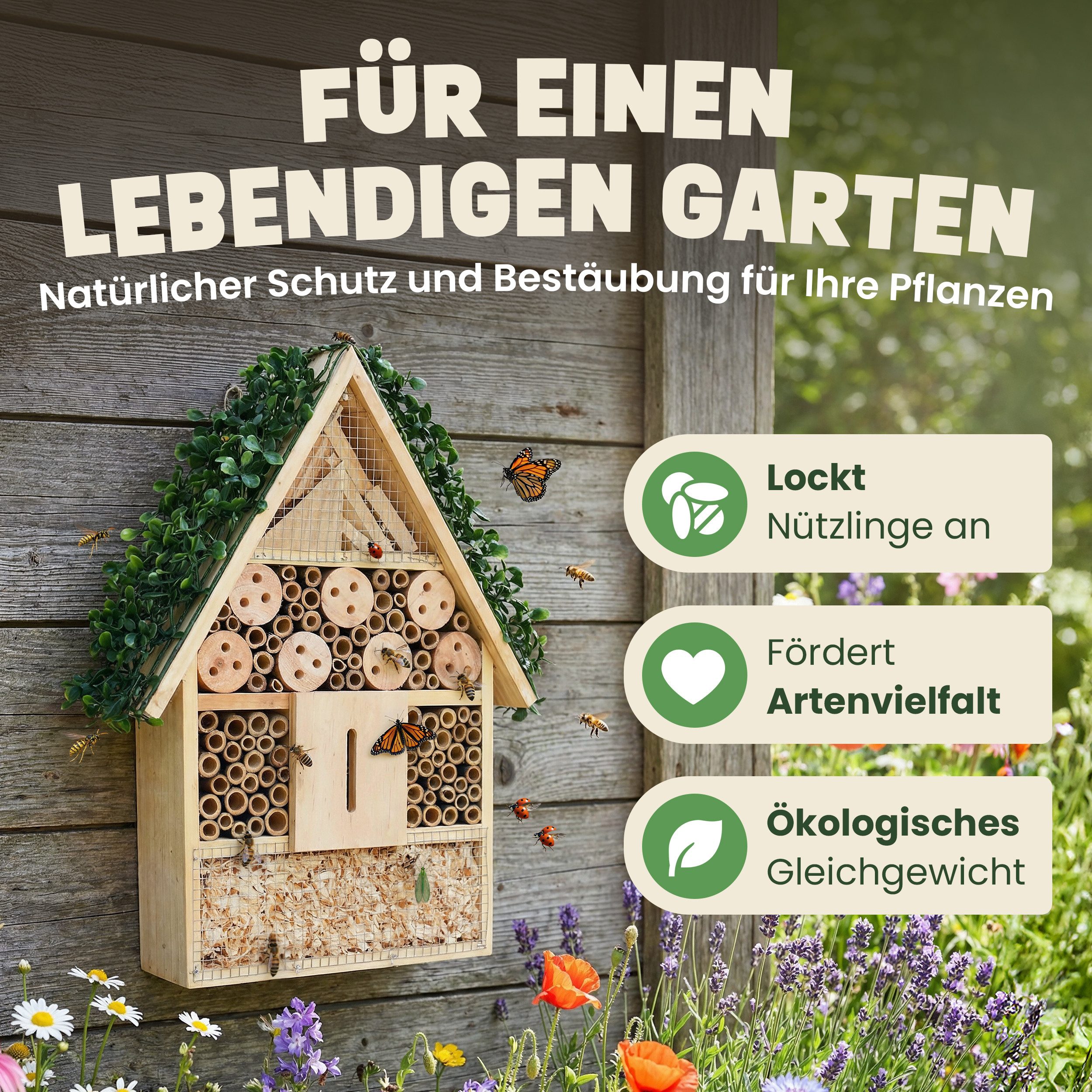 Zooprinz Insektenhotel Insektenhaus zum Aufhängen XXL Vollholz, Bambus, Holz, Holzspäne, Holz mit Löchern, 31x39 cm