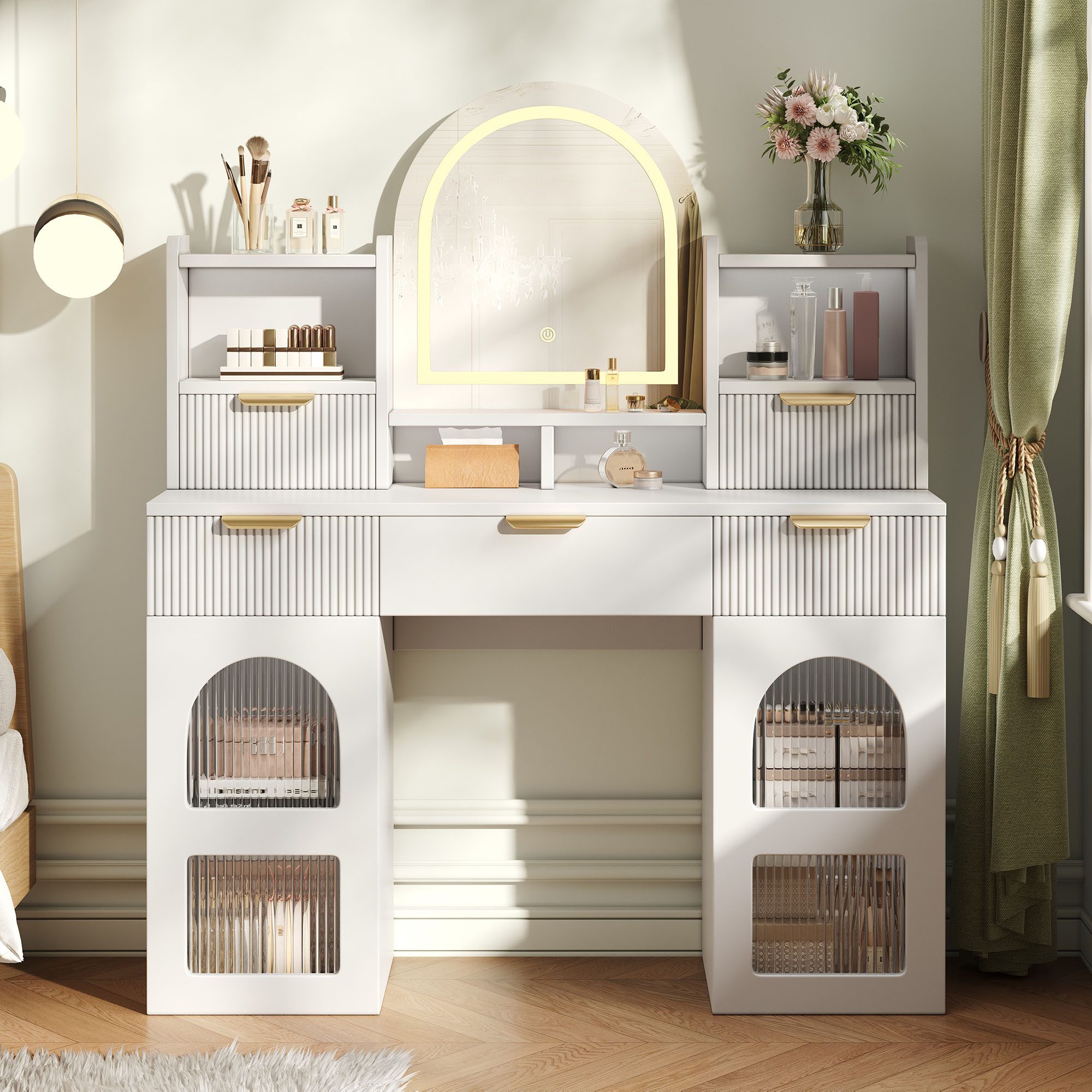 Celya Schminktisch Make-up-Tisch mit LED-Beleuchtung und Spiegel (ohne Hocker, mit 3 Schubladen und 2 Glastüren und Ablagen), fürs Schlafzimmer
