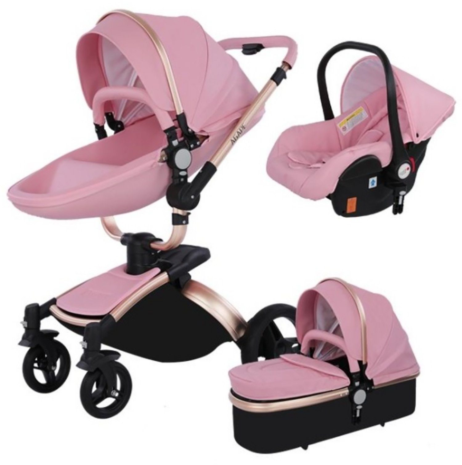 TPFLiving Kombi-Kinderwagen Babyschale Baby, Buggy Babywanne Kinderwagen 3 in 1 inkl. Stauraum Kunstleder Rosa