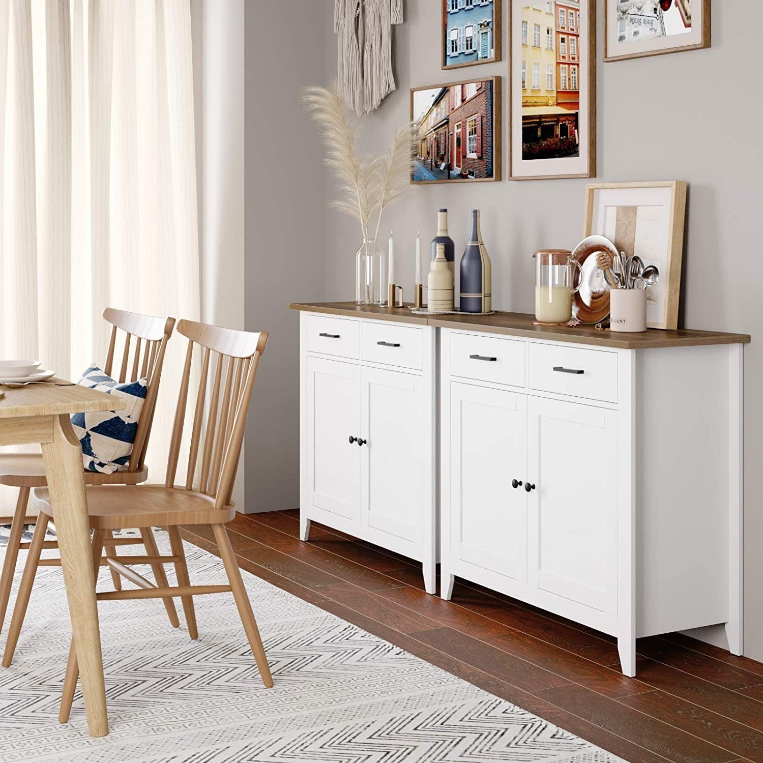 HOMECHO Buffet Sideboard Weiß Türen Küchenschrank mit 2 Schubladen 2