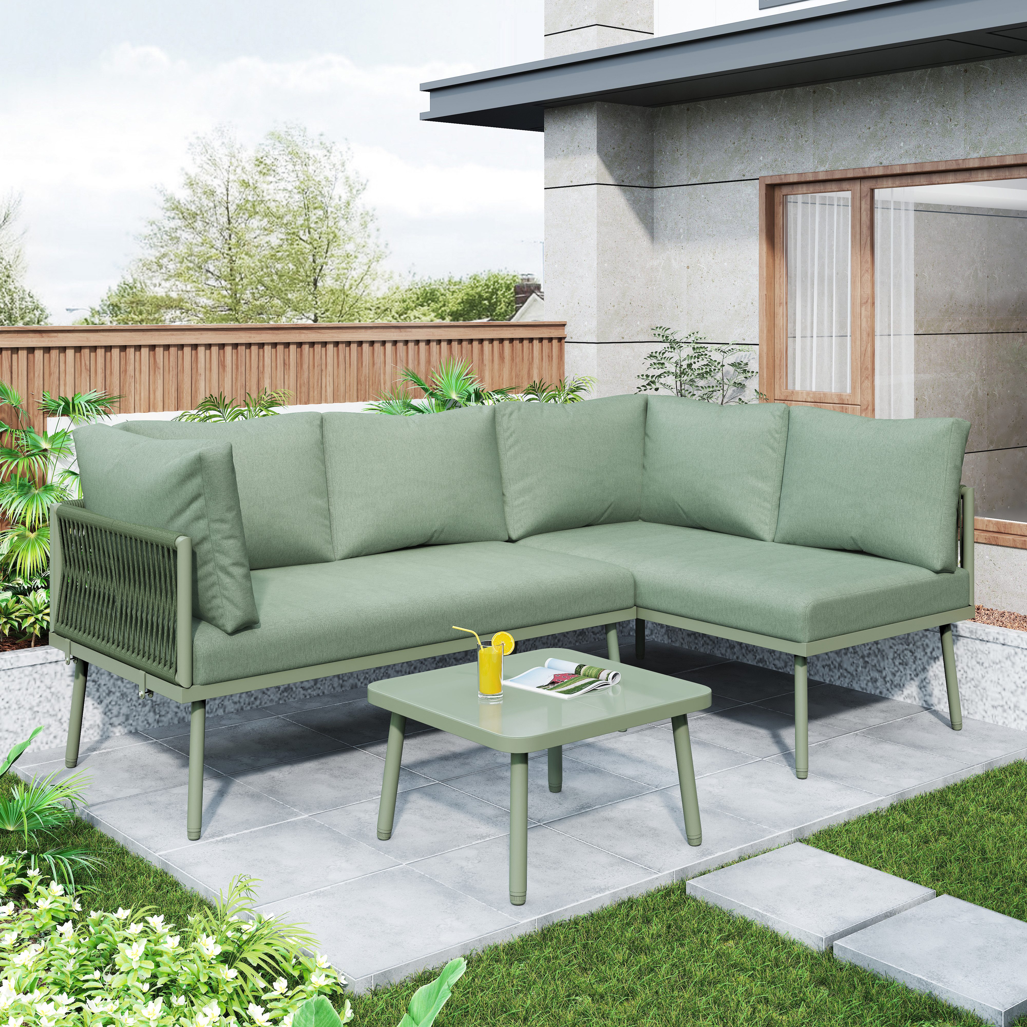 Celya Gartenlounge-Set 4-Sitzer L-förmiges Gartenmöbel Sofagarnitur Eisen,2 Sofas+1 Tisch, (Rattan-Freizeitmöbel-Set für den Außenbereich), mit 6 Kissen,Sitzkissen,verstellbaren Füßen,Grün