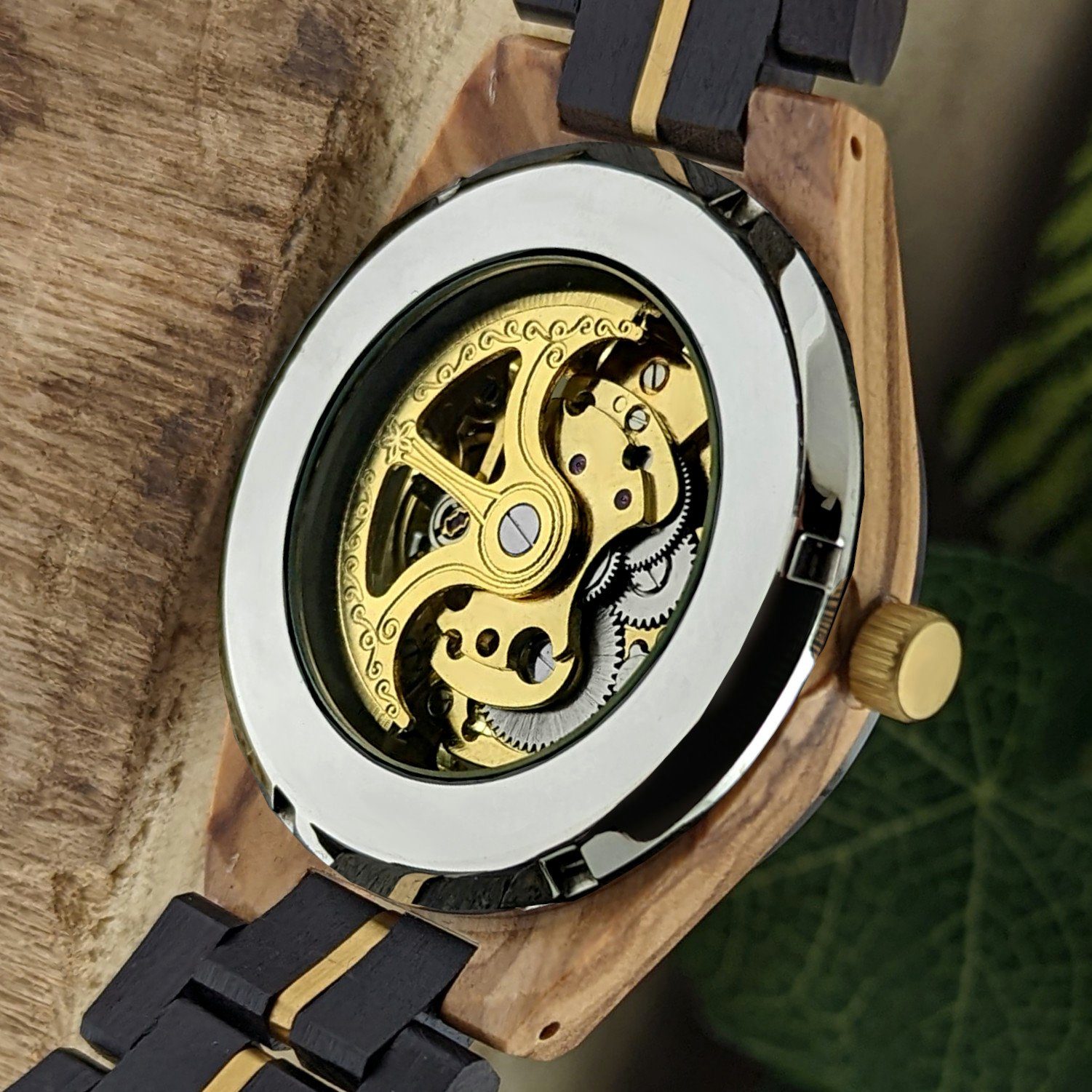 Holzwerk Automatikuhr CALAU & beige, gold schwarz, Armband Edelstahl in Uhr Herren Holz