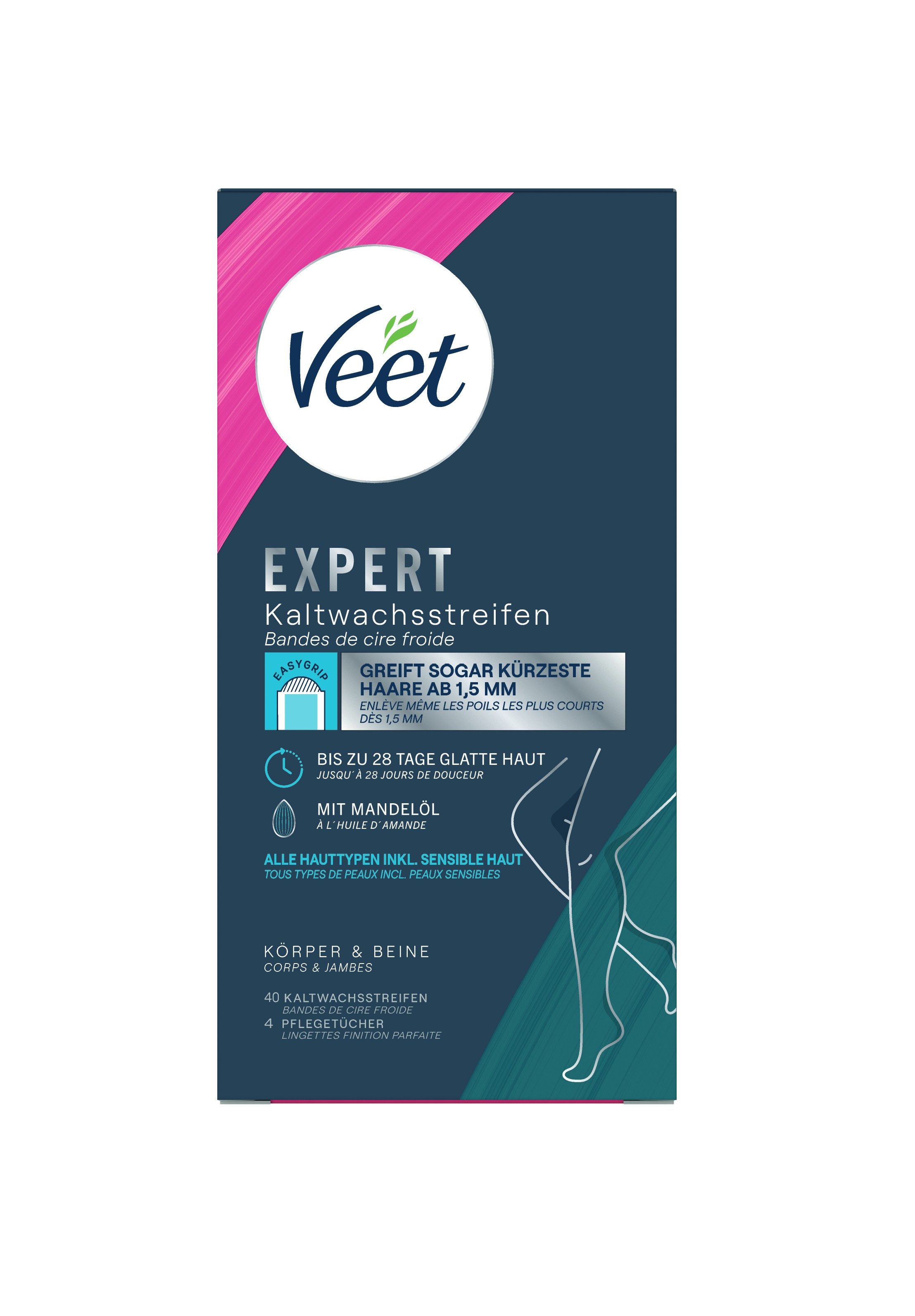 Veet Kaltwachsstreifen EXPERT, 40 St., für Körper & Beine, - zur Haarentfernung für alle Hauttypen inkl. sensibler Haut
