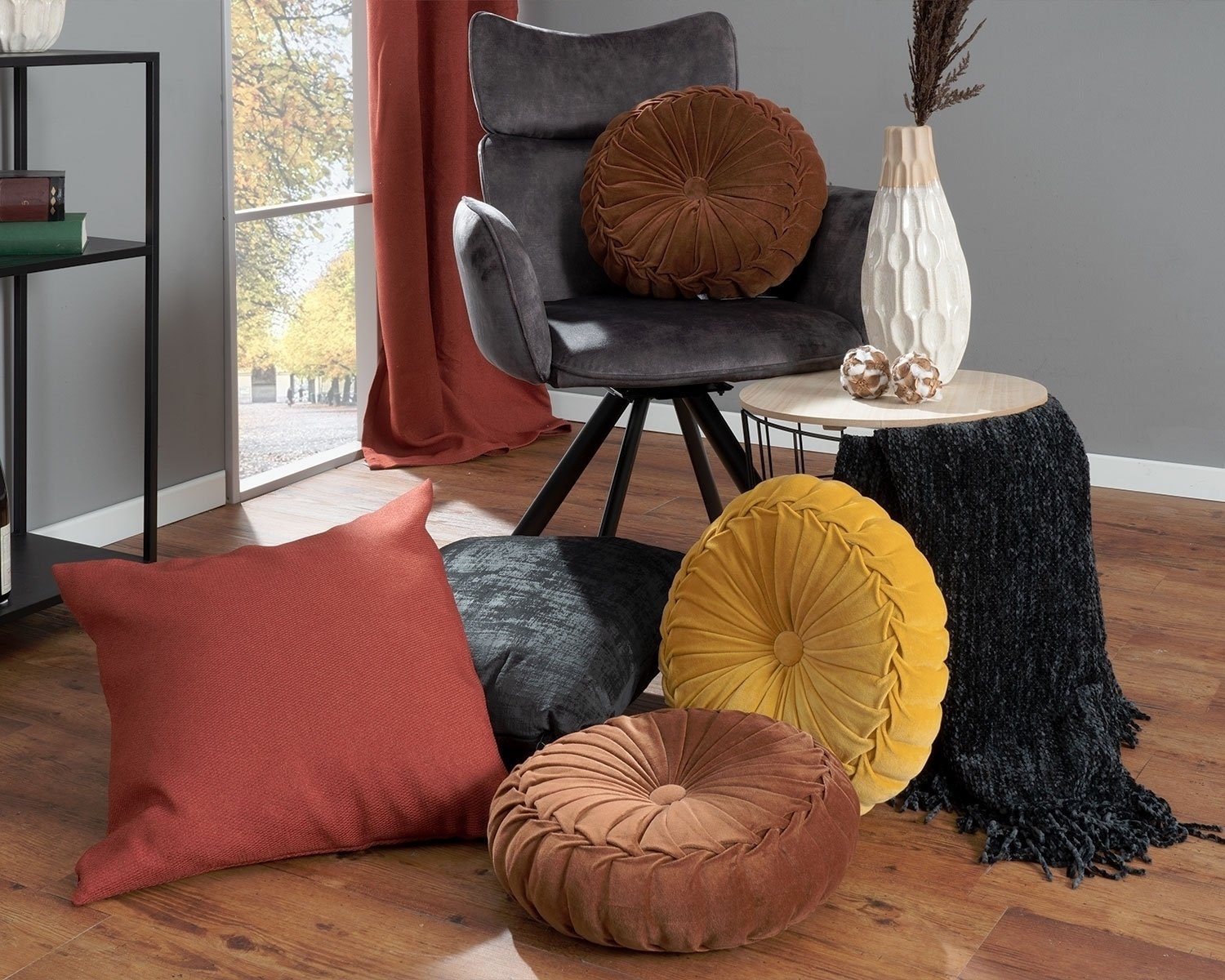 Dekokissen KANAN VELVET, Braun, Unifarben, Baumwolle, Ø 40 cm