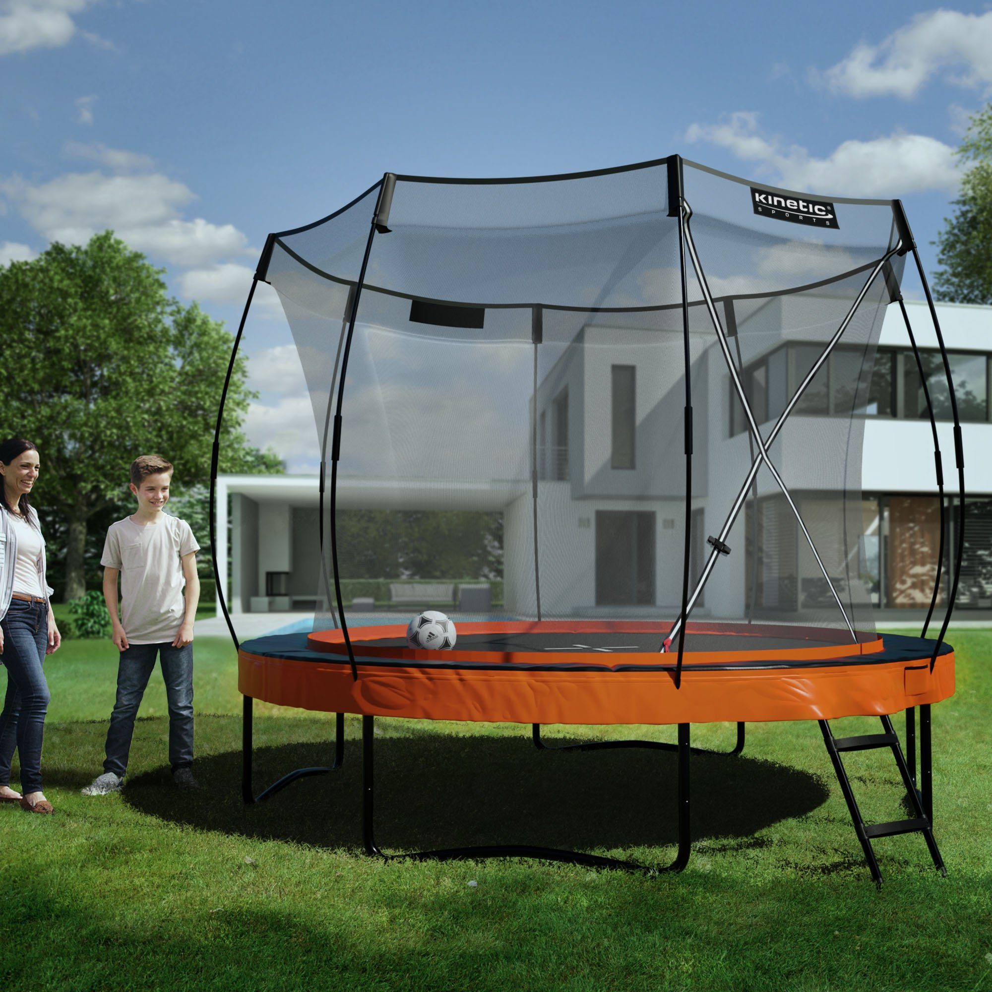 Kinetic Sports Gartentrampolin ULTIMATE PRO, Ø 305 cm, mit Leiter, Fieberglas-Netzstangen, AirMAXX Sprungtuch