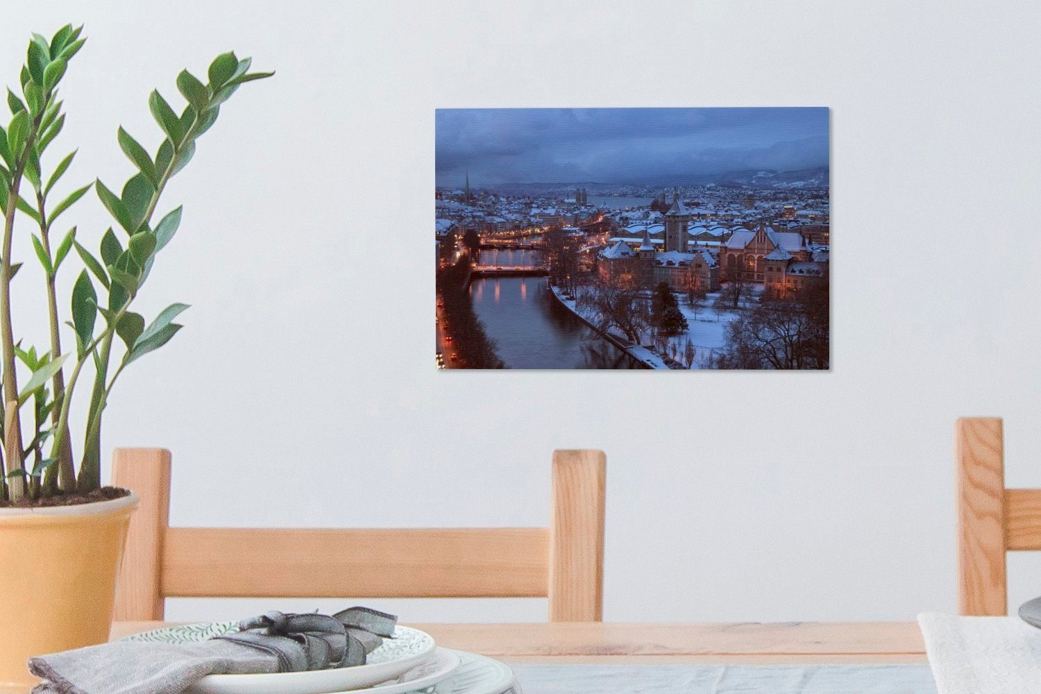 OneMillionCanvasses® Leinwandbild Winter in Zürich Leinwandbilder, St), 30x20 (1 Nacht, Wandbild cm Aufhängefertig, bei Wanddeko