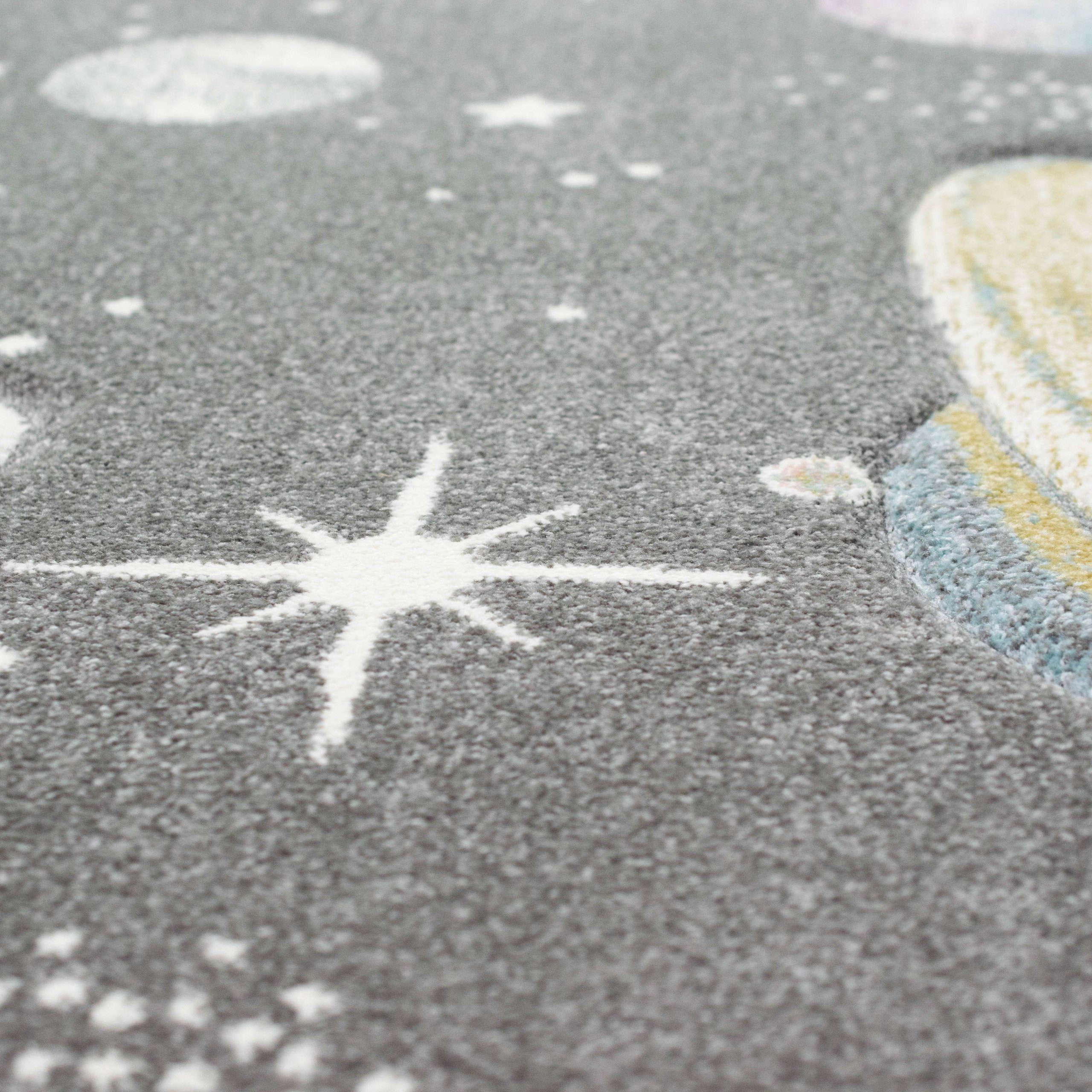 TeppichHome24 Kinderteppich Kinderteppich mit Sternen und Planeten in pastellgrau, Rund, Höhe: 1.3 mm