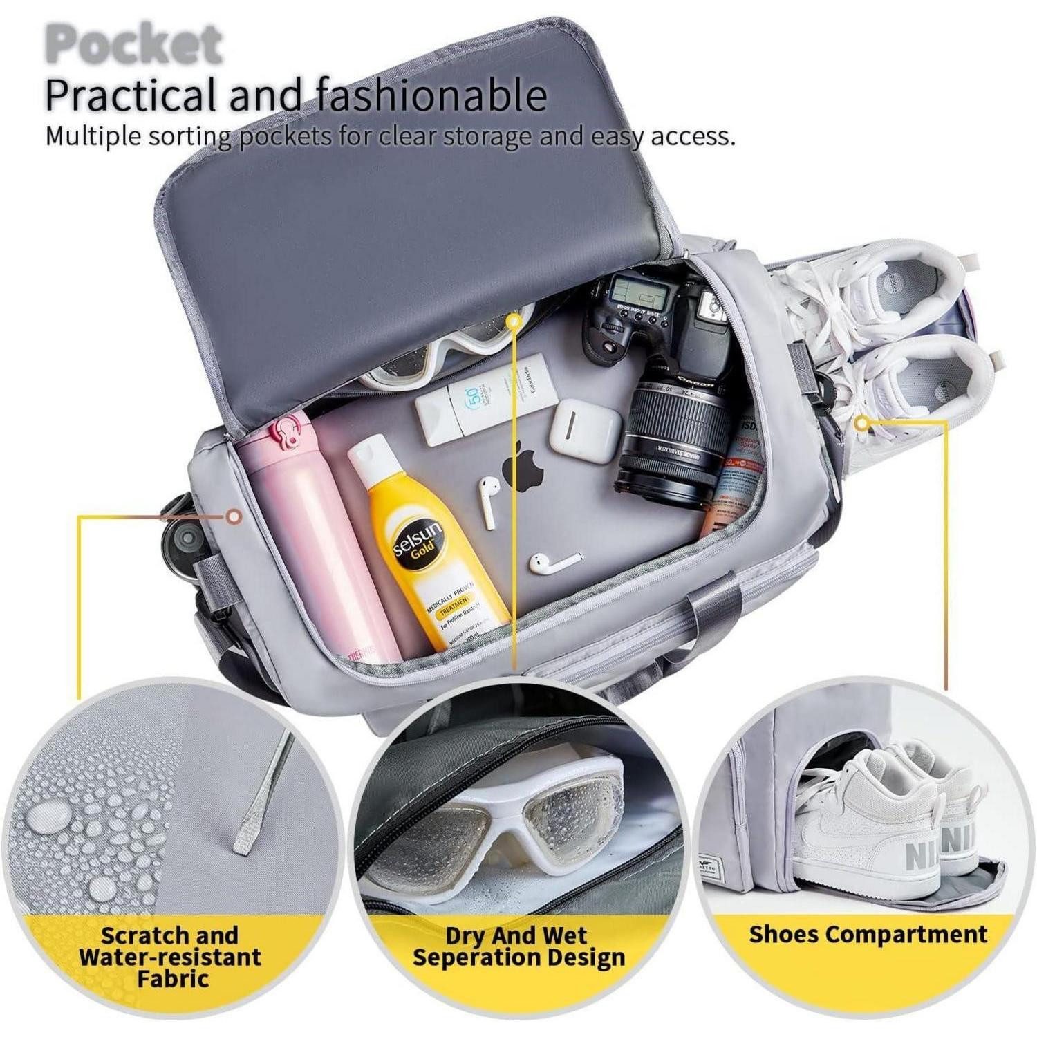 LuxusKollektion Weekender Damen Sporttasche 35L faltbar mit Schuhfach und Nassfach Grey