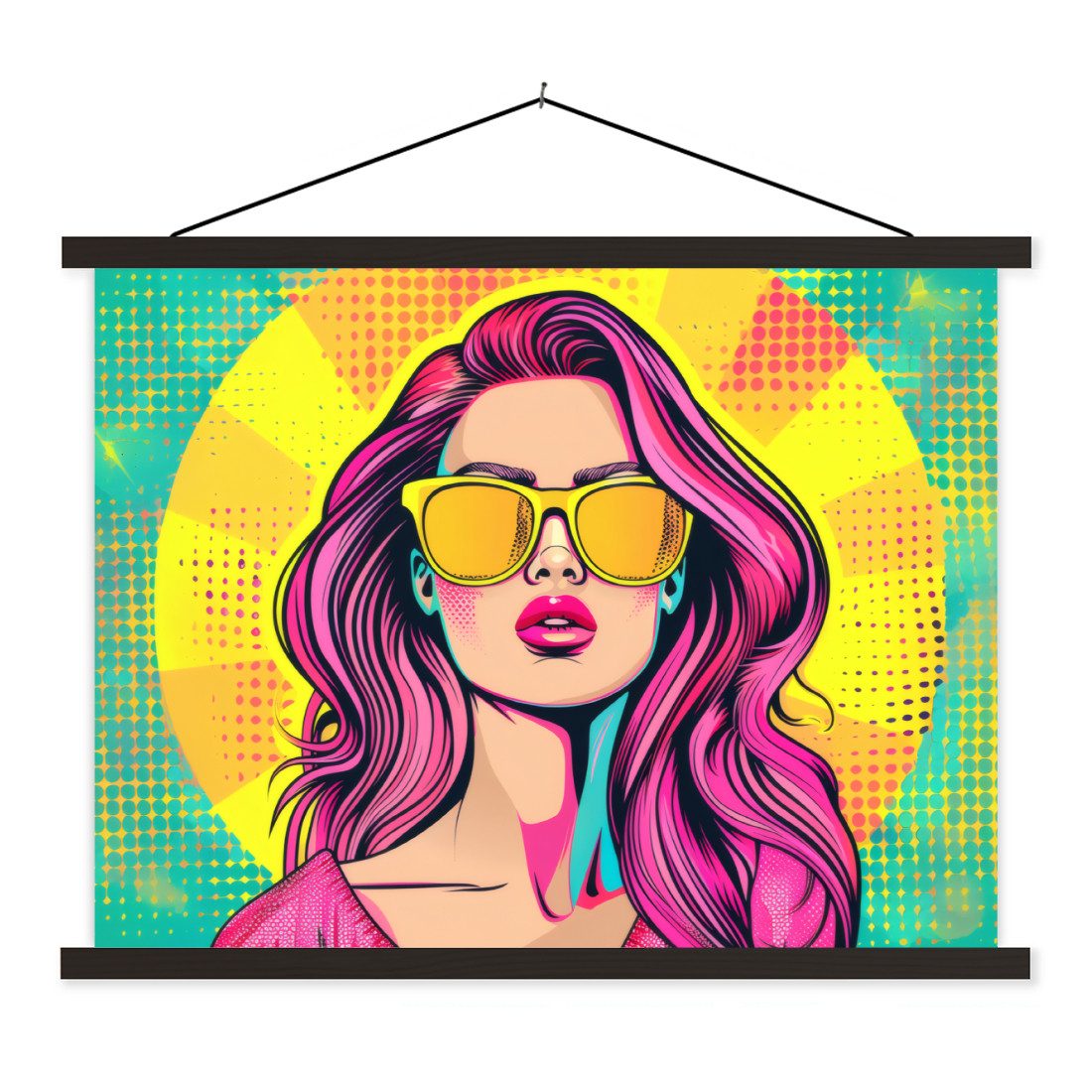 MuchoWow Poster Sonnenbrille - Frau - Sonnig - Gelb, (1 St), Magnetische Posterleiste, Holzleisten, Textilposter, 40x30 cm