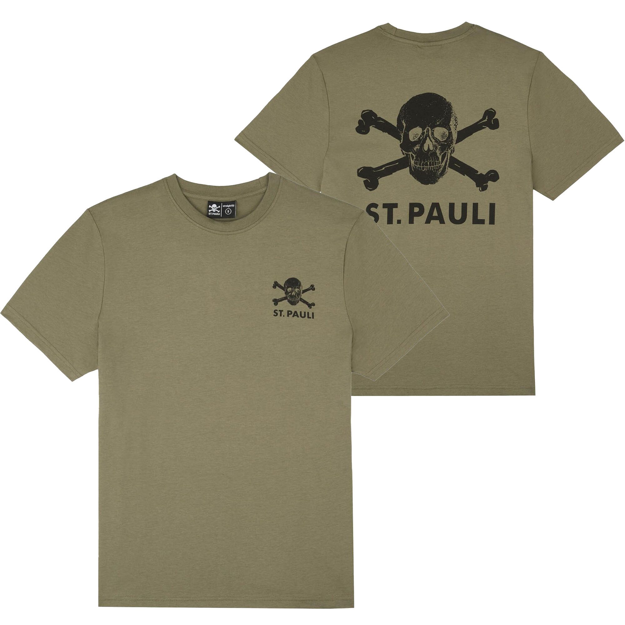 FC St. Pauli T-Shirt FC St. Pauli - T-Shirt Black-Olive Totenkopf mit Rückenprint - oliv