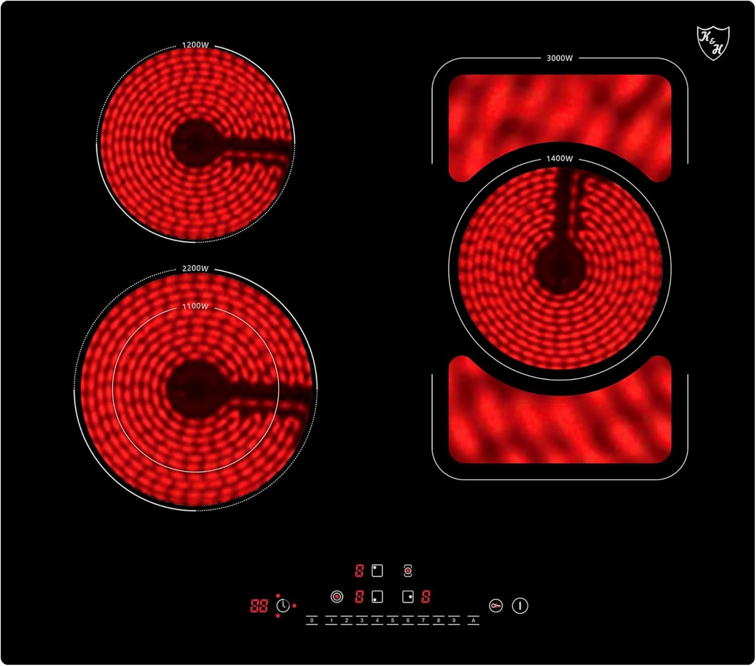 K&H Elektro-Kochfeld K&H 3 Zonen Glaskeramikkochfeld 59cm Elektro Autark Eingebaut NC-6406SQ, Einbaufähig und Autark