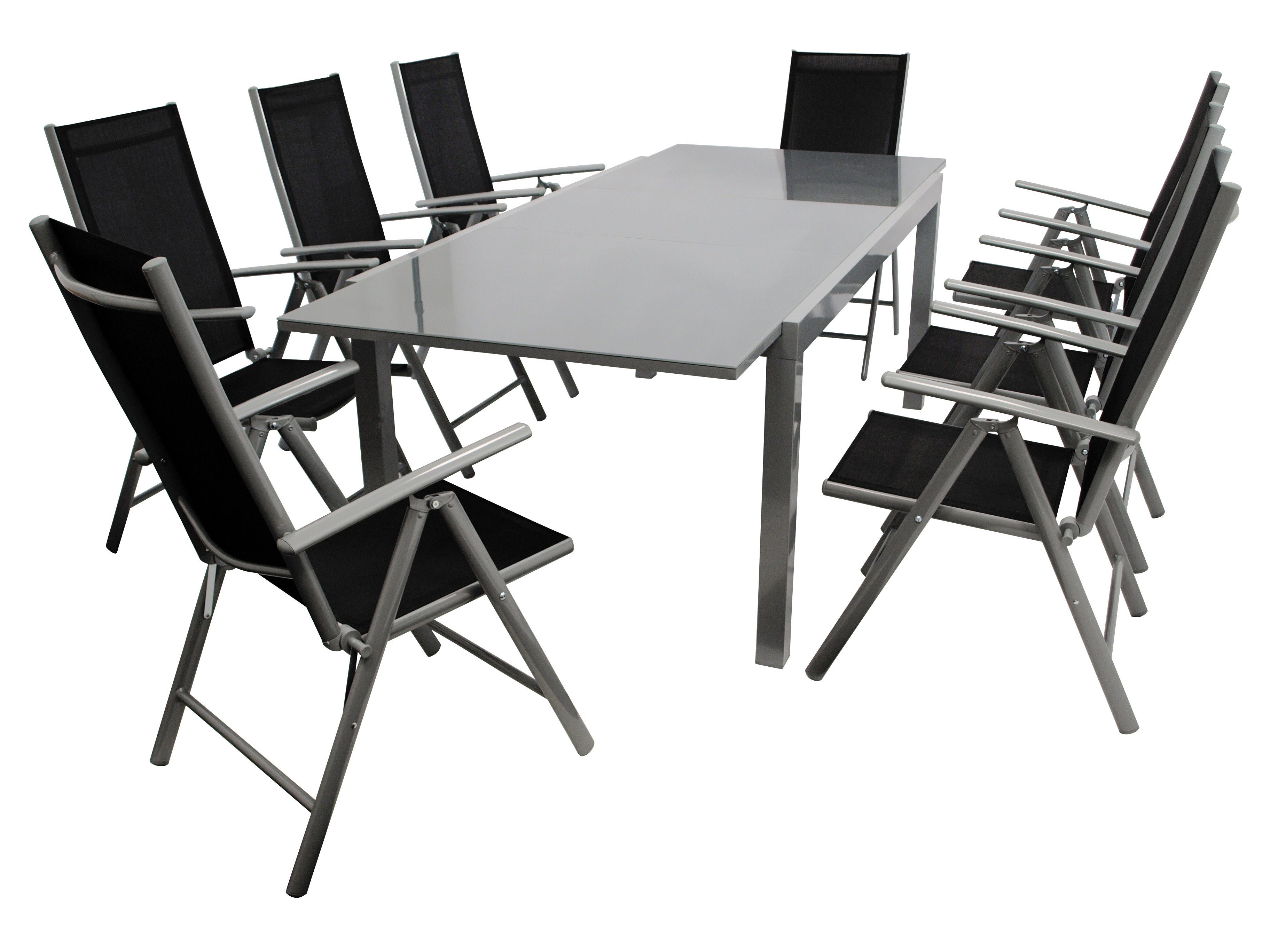 DEGAMO Garten-Essgruppe RAVENNA, (9-tlg), Aluminium silbergrau, Textilgewebe schwarz, Tischplatte Glas grau