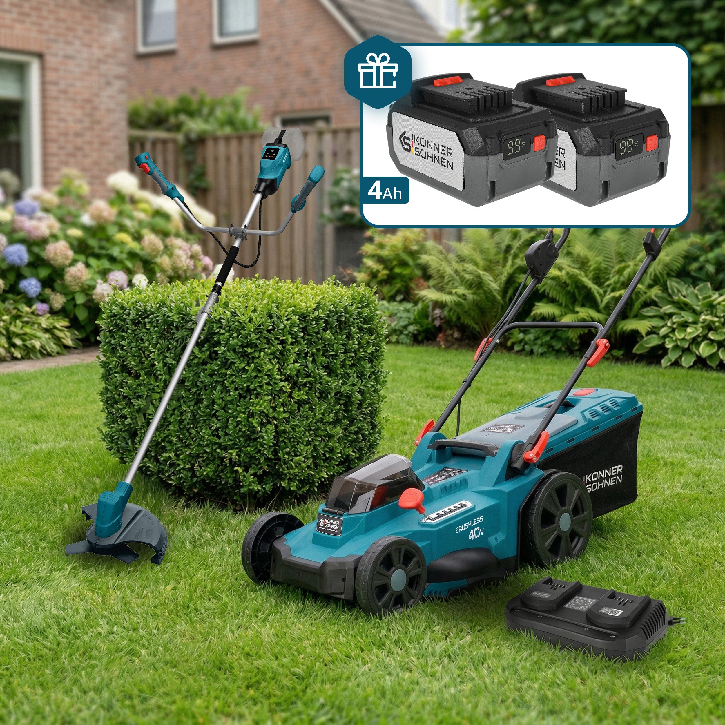Könner & Söhnen Akkurasenmäher KS 43LM-BCT40V-SET, (Akku-Rasenpflege-Set mit Mäher, Trimmer, 2 Akkus & Ladegerät, Inklusive 2x 4Ah Akkus als Geschenk + schnelles Doppelladegerät), Bürstenlose Motoren, Mulchfunktion, 40V Power, Tap&Go