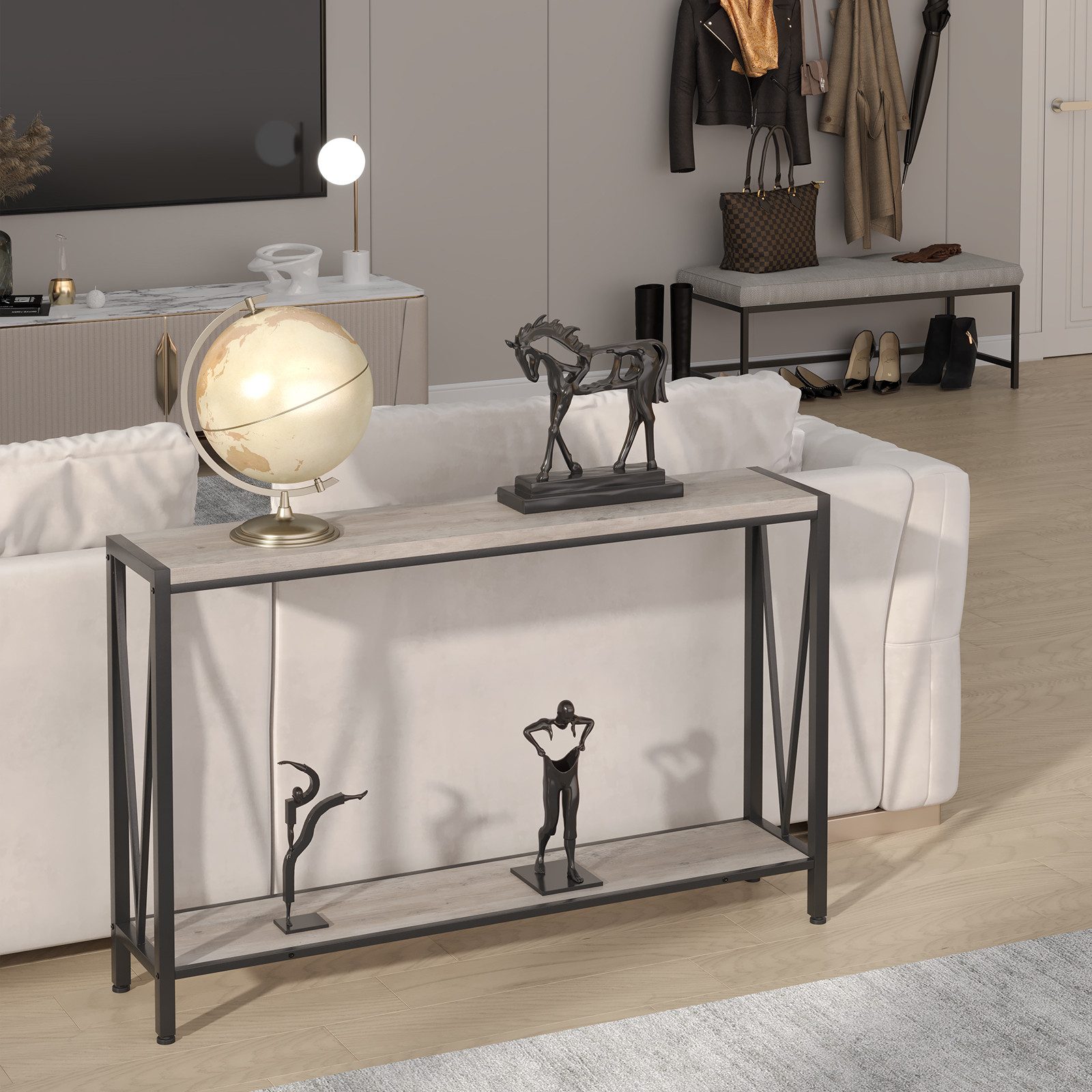 GarveeMore Konsolentisch Schmal Holz Konsolentisch,mit Stauraum, Holz und Metall Couchtisch